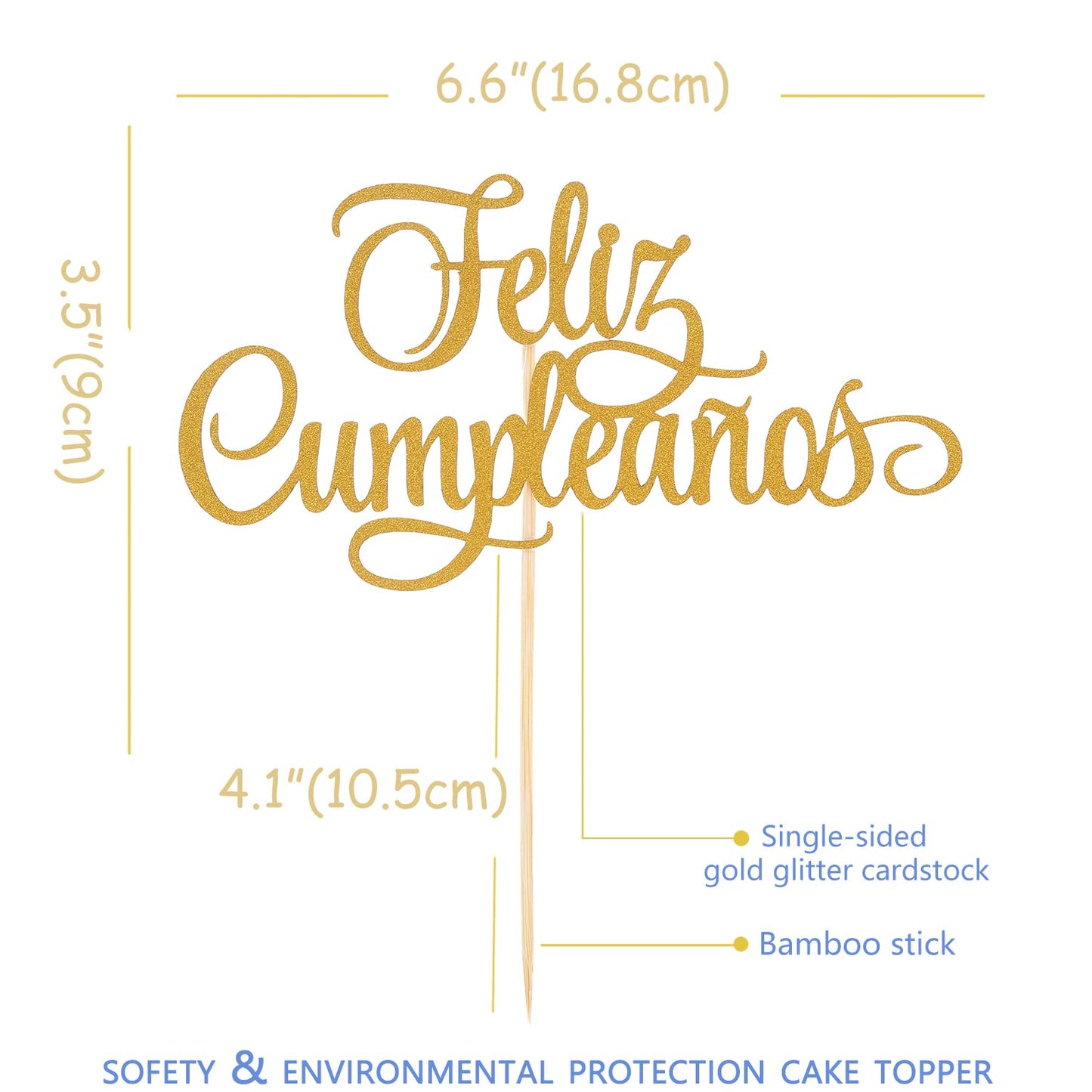 Spanish Feliz Cumpleaos Cake Topper - Gold Glitter Happy Birthday Cake Topper, Single-Side Gold Glitter Feliz Cumpleaos Decorati