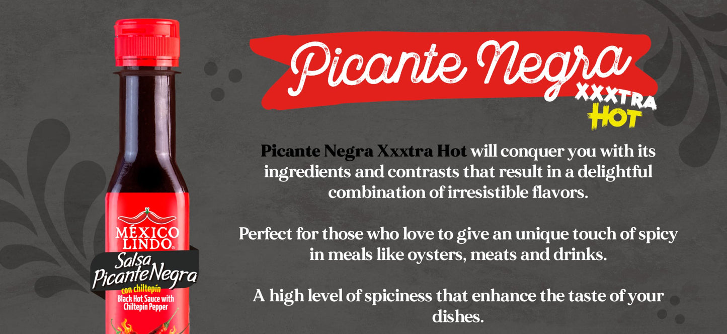 Mexico Lindo Picante Negra Xxxtra Hot Sauce | Scoville Unit Level 80,000 | Sugar Free | 5 Fl Oz Bottles (Pack of 12)