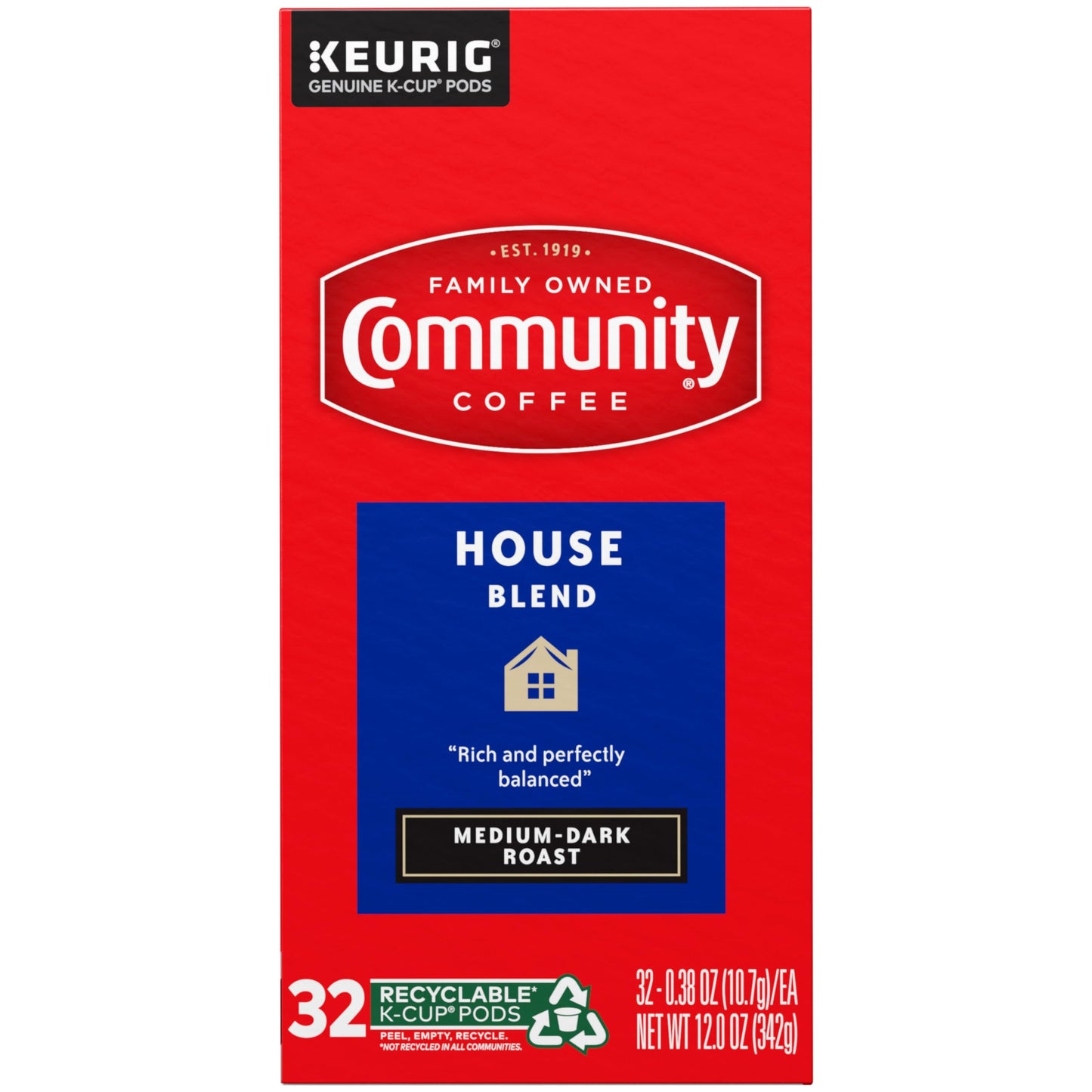 Community Coffee House Blend K-Cup Pods, Medium-Dark Roast, 32 Count (Pack of 4)
