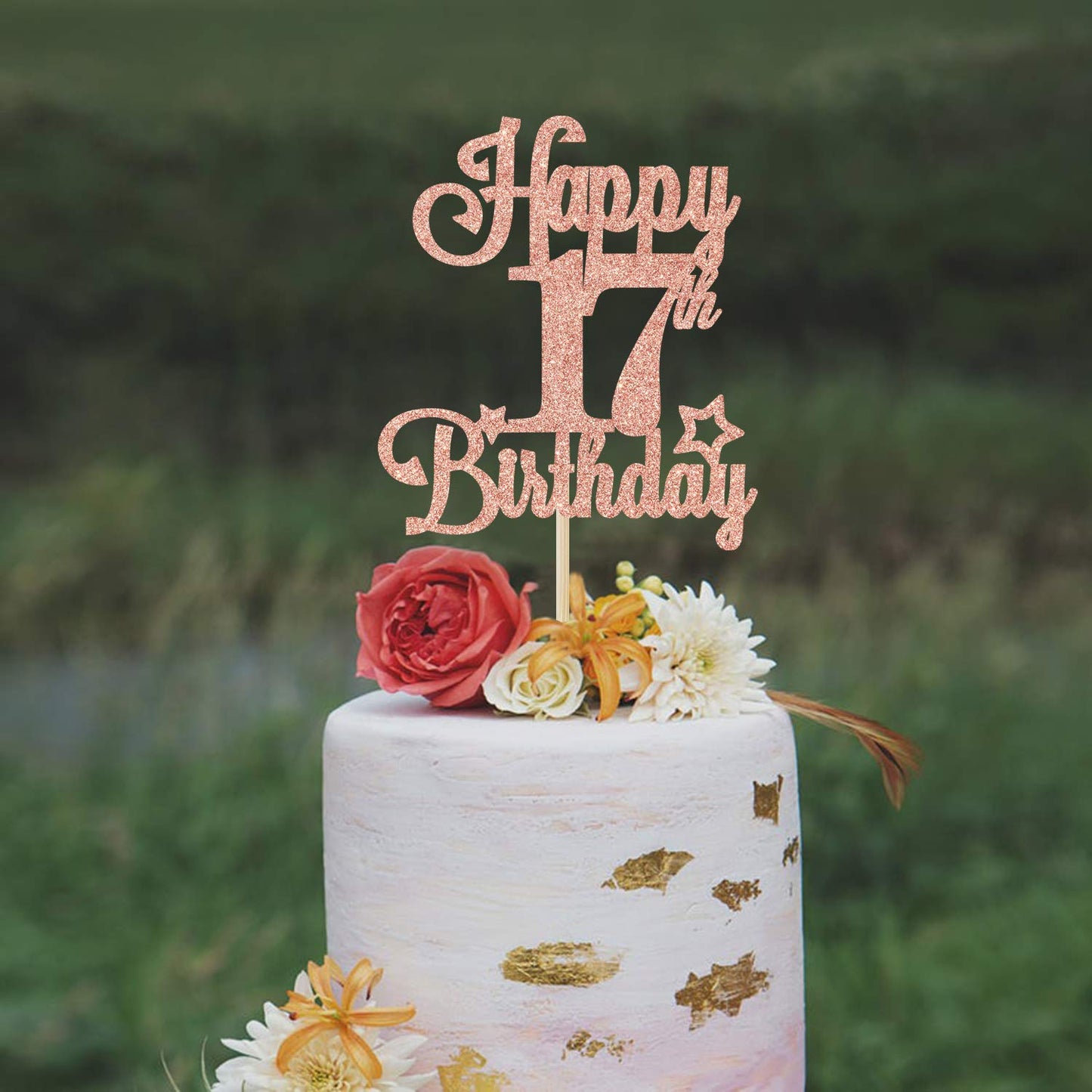 Happy 17Th Birthday Cake Topper, Cheers To 17 Years, Hello 17, 17Th Birthday Anniversary Party Decorations Rose Gold Glitter.