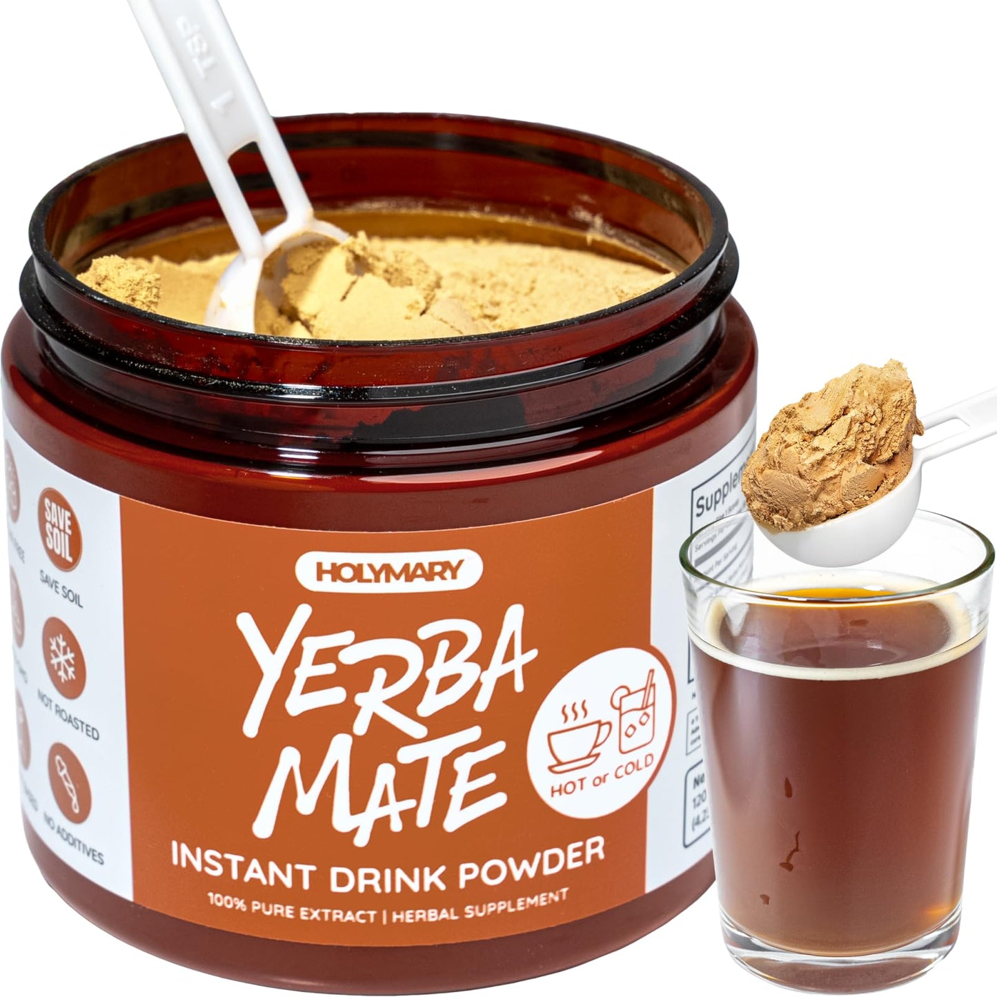 HOLYMARY Yerba Mate Instant Tea Unflavored Organic Green Extract 120g (4.2 Ounce) - Boosts Energy & Focus, No Added Sugars or Flavors
