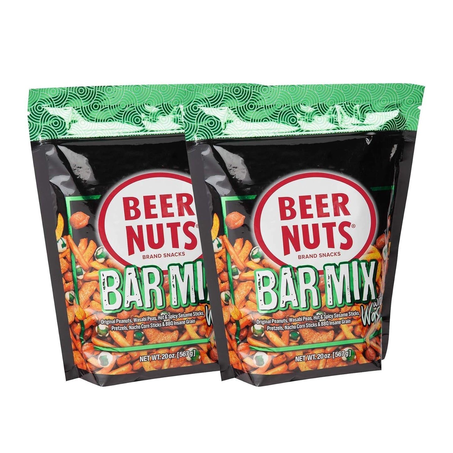 BEER NUTS Bar Mix with Wasabi, Pretzels, Cheese Stix & Peas, 20oz Resealable Bag, Pack of 2