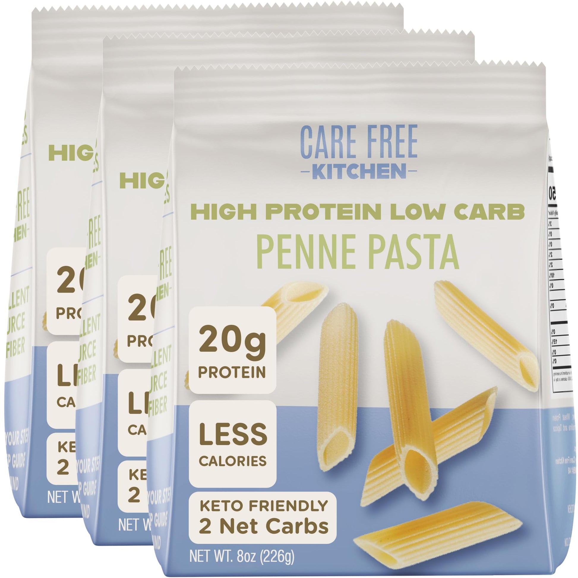 Care Free Kitchen Plain Penne 8oz (3 Pack) Keto Pasta Noodles, 20g High Protein, Low Carb 2g Net Carbs, 26g High Fiber