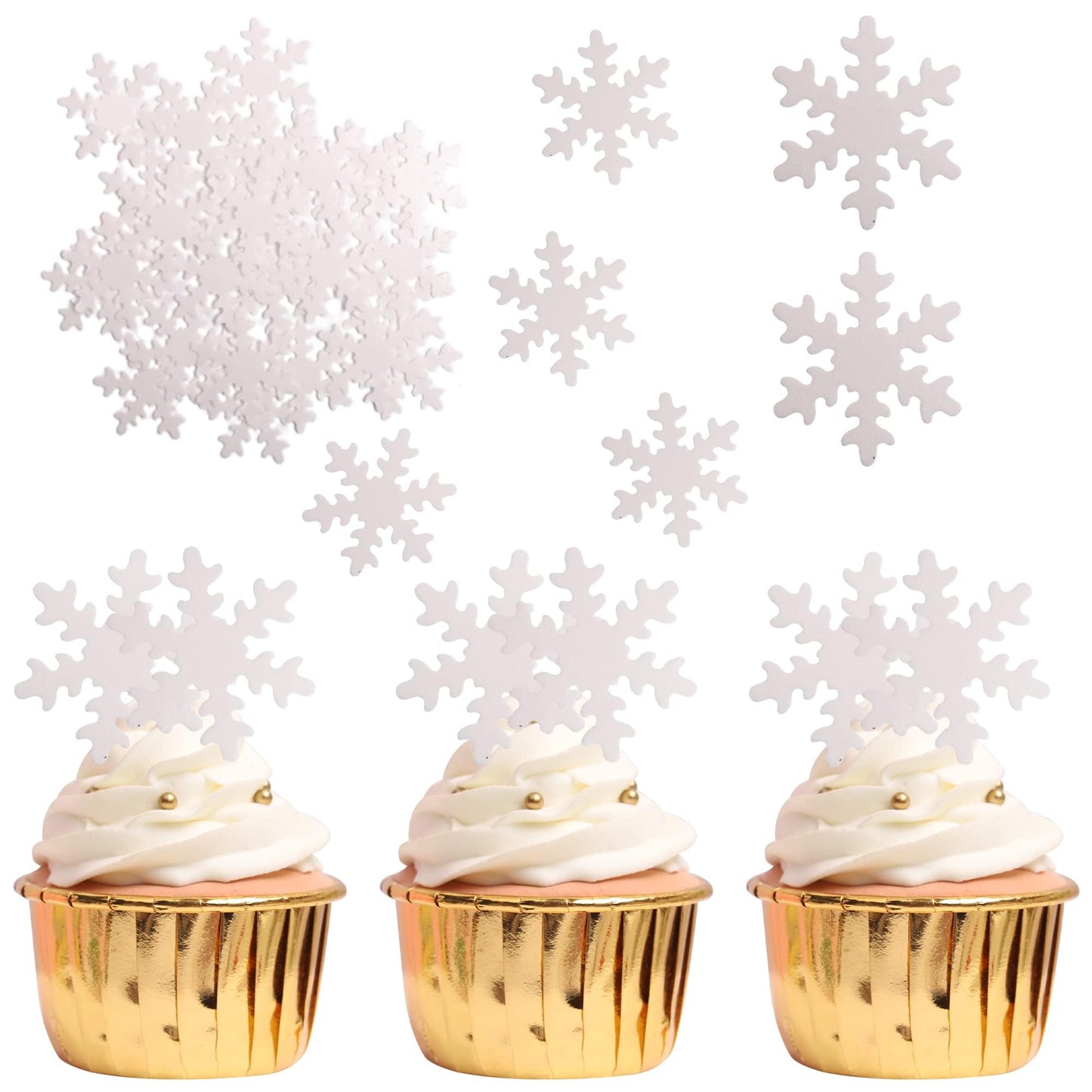 YCTHUNFISH 50 Pack Edible Snowflake Cupcake Toppers, White, Paper/Wafer, Small - Winter Frozen Theme Party Decorations
