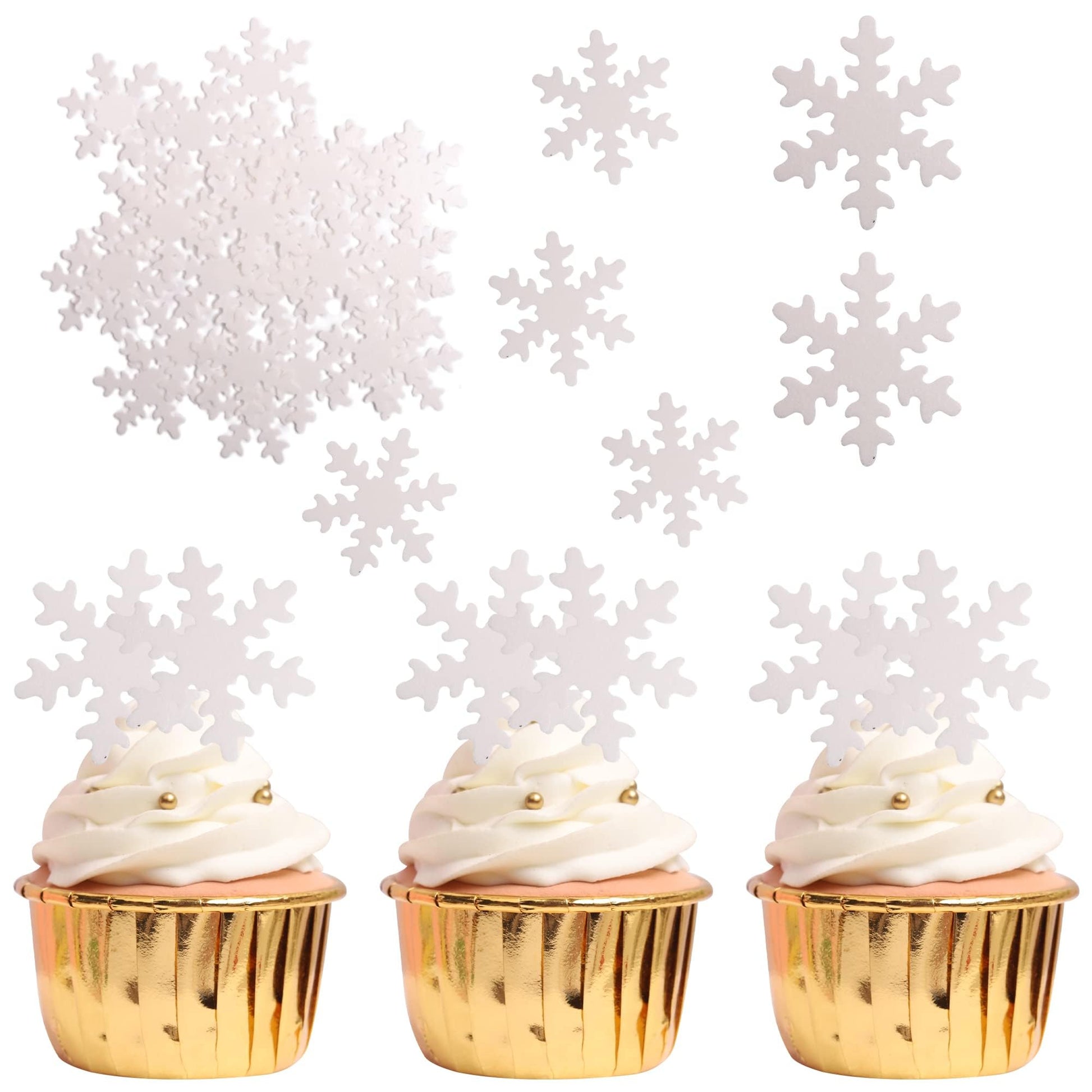 YCTHUNFISH 50 Pack Edible Snowflake Cupcake Toppers, White, Paper/Wafer, Small - Winter Frozen Theme Party Decorations
