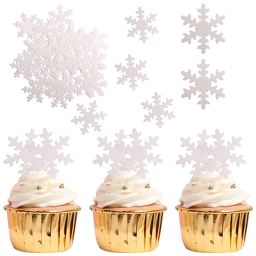 YCTHUNFISH 50 Pack Edible Snowflake Cupcake Toppers, White, Paper/Wafer, Small - Winter Frozen Theme Party Decorations