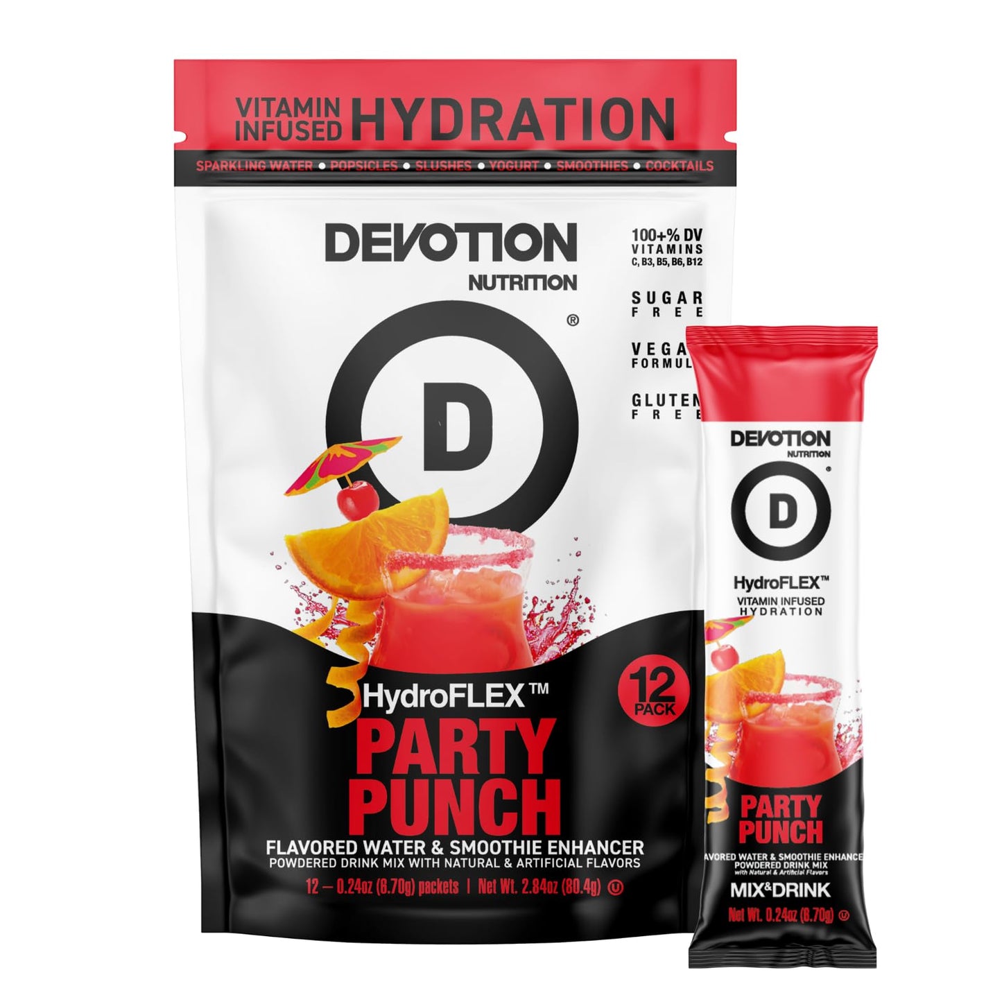 Devotion Nutrition HydroFLEX Water Flavoring Packets, Sugar-Free, 12-Pack, 2.84 oz, Party Punch Flavor, Gluten-Free, Dye-Free