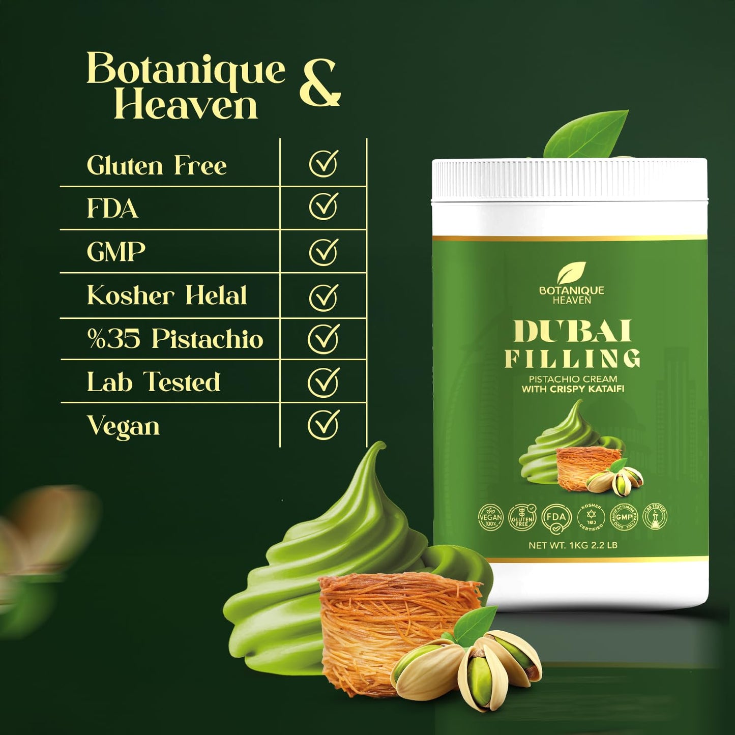 Botanique Heaven Pistachio Cream with Crispy Kataifi   2.2 lb (1 kg) Bulk Tub - enhanced Dubai Chocolate Bar Filling & Knafeh Spread | Sweet Pistachio Dessert Cream Vegan  Halal  Kosher | GMP & FDA Facility