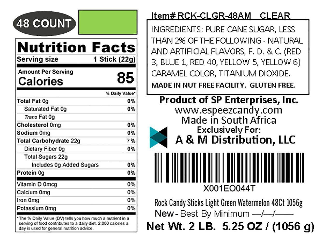 Espeez Extra Large Rock Candy Sticks - 48 Count Watermelon Lollipops - Individually Wrapped - Light Green