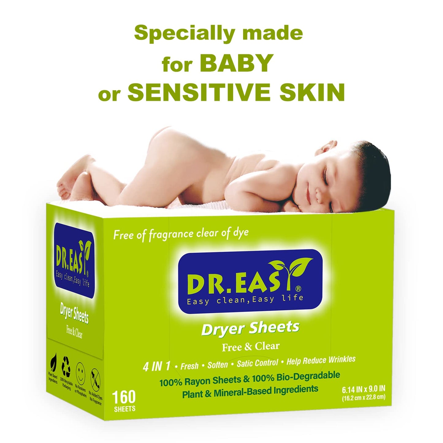Dr.Easy Dryer Sheets Free & Clear Plant Based All Ingredients For Sensitive Skin 160 Ct 100% Rayon Fabric Softener Sheet Unscent