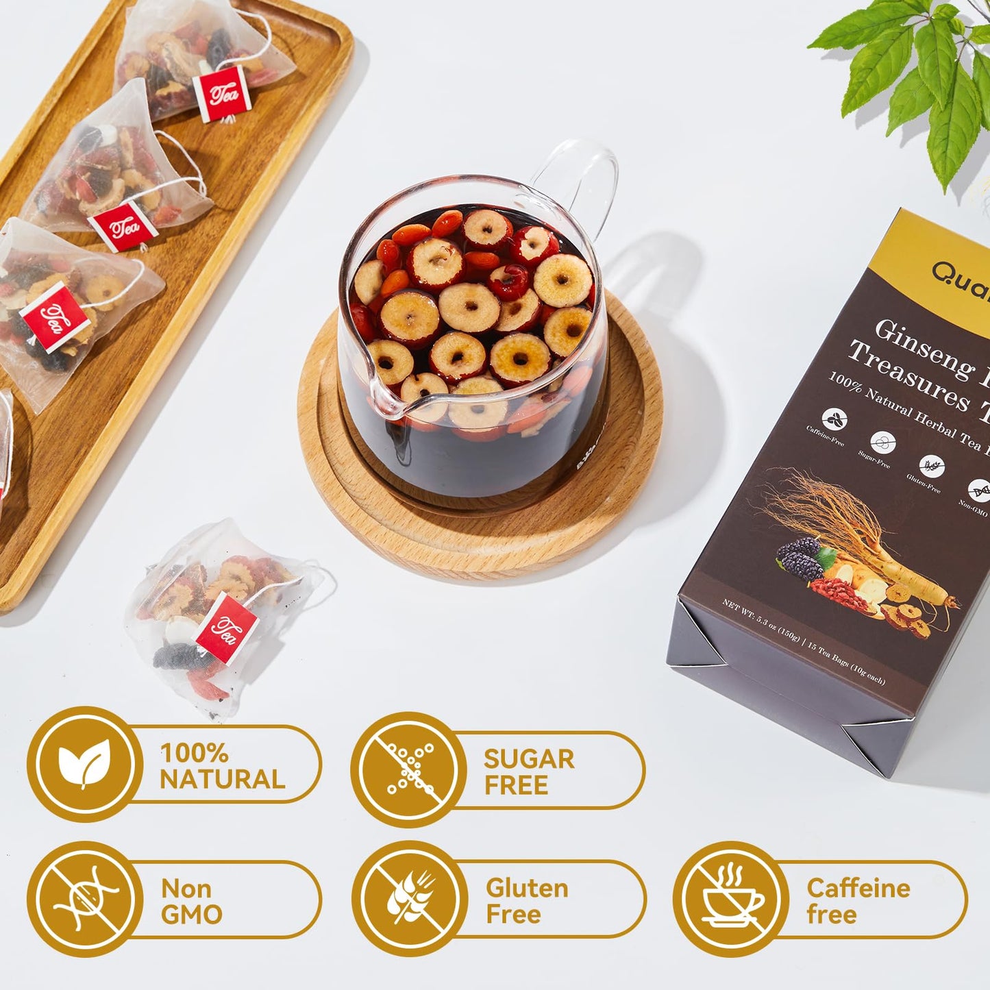 Ginseng Five Treasures Herbal Tea Bags, Traditional Chinese Herbal Blend with 7 Ingredients, Natural Tea for Women & Men (2 Pack