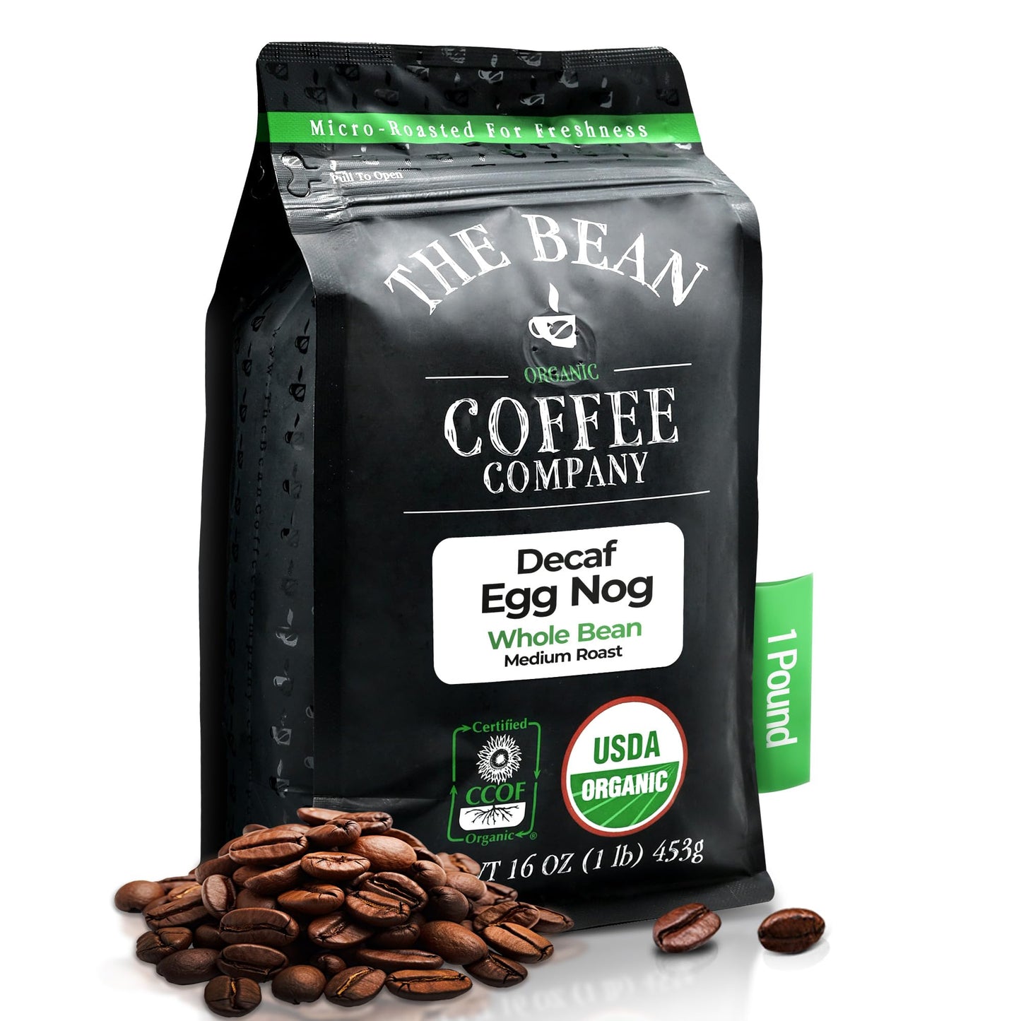 The Bean Organic Coffee Company Water Processed DECAF Egg Nog, Medium Roast, Whole Bean Coffee, 16-Ounce Bag