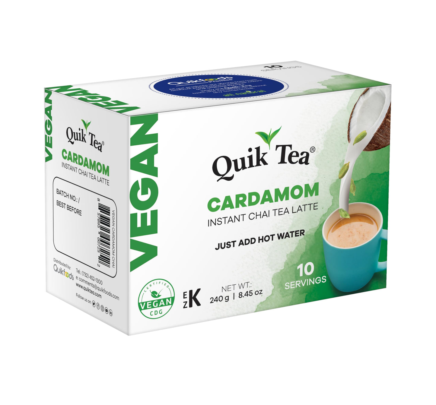 Quiktea Vegan Cardamom Instant Chai Tea Latte - 10 Count Single Box - Convenient, Easy Ayurvedic Dairy Free Alternative - All Na