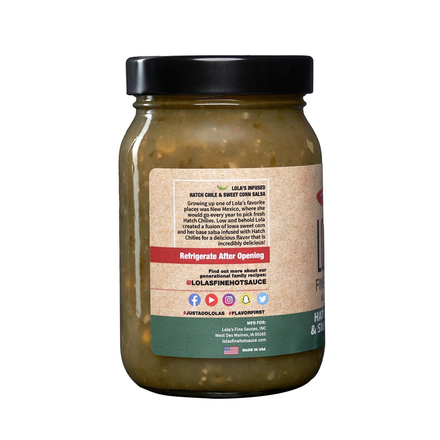 Lolas Fine Hot Sauce Hatch Chile & Sweet Corn Salsa, Mild & Flavorful, 16oz Jar