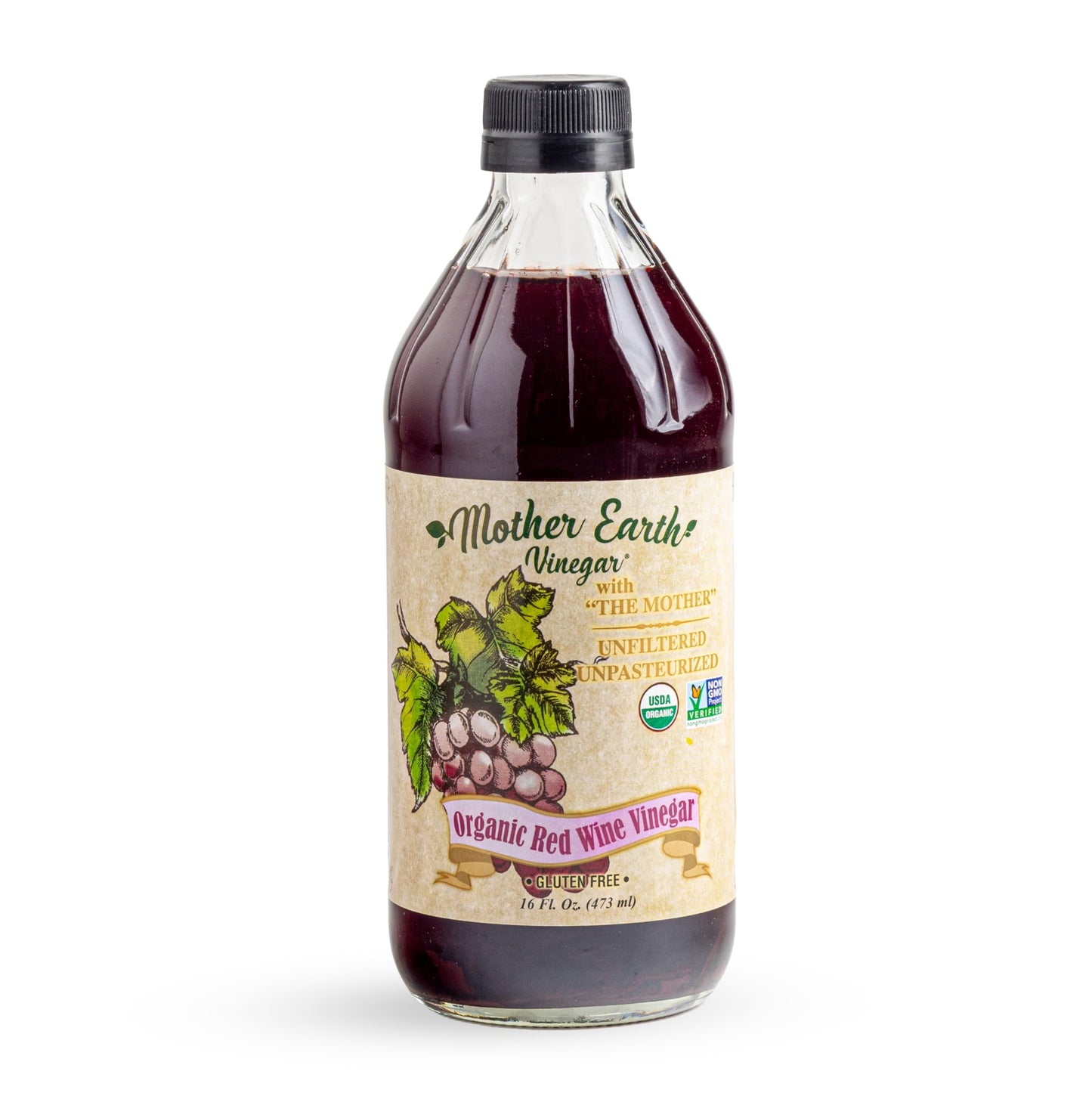 Mother Earth Vinegar Organic Red Wine Vinegar, Unfiltered & Unpasteurized, 16 Fl Oz Glass Bottle