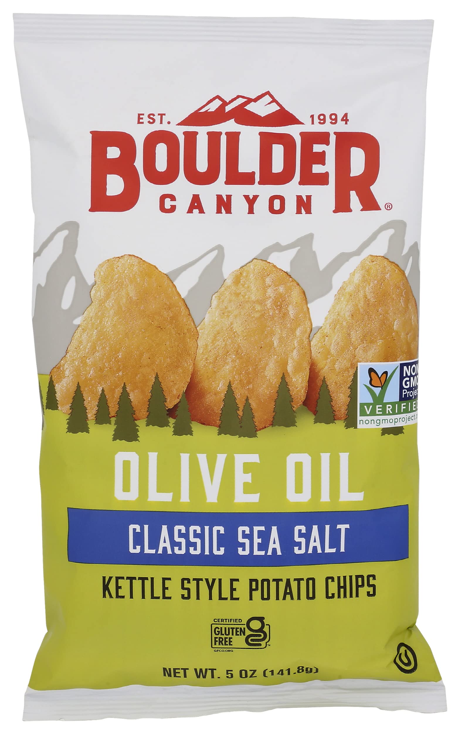 Boulder Canyon Classic Sea Salt Made With Olive Oil Kettle Style Potato Chips, Gluten Free, 5 Ounces (Pack Of 12)