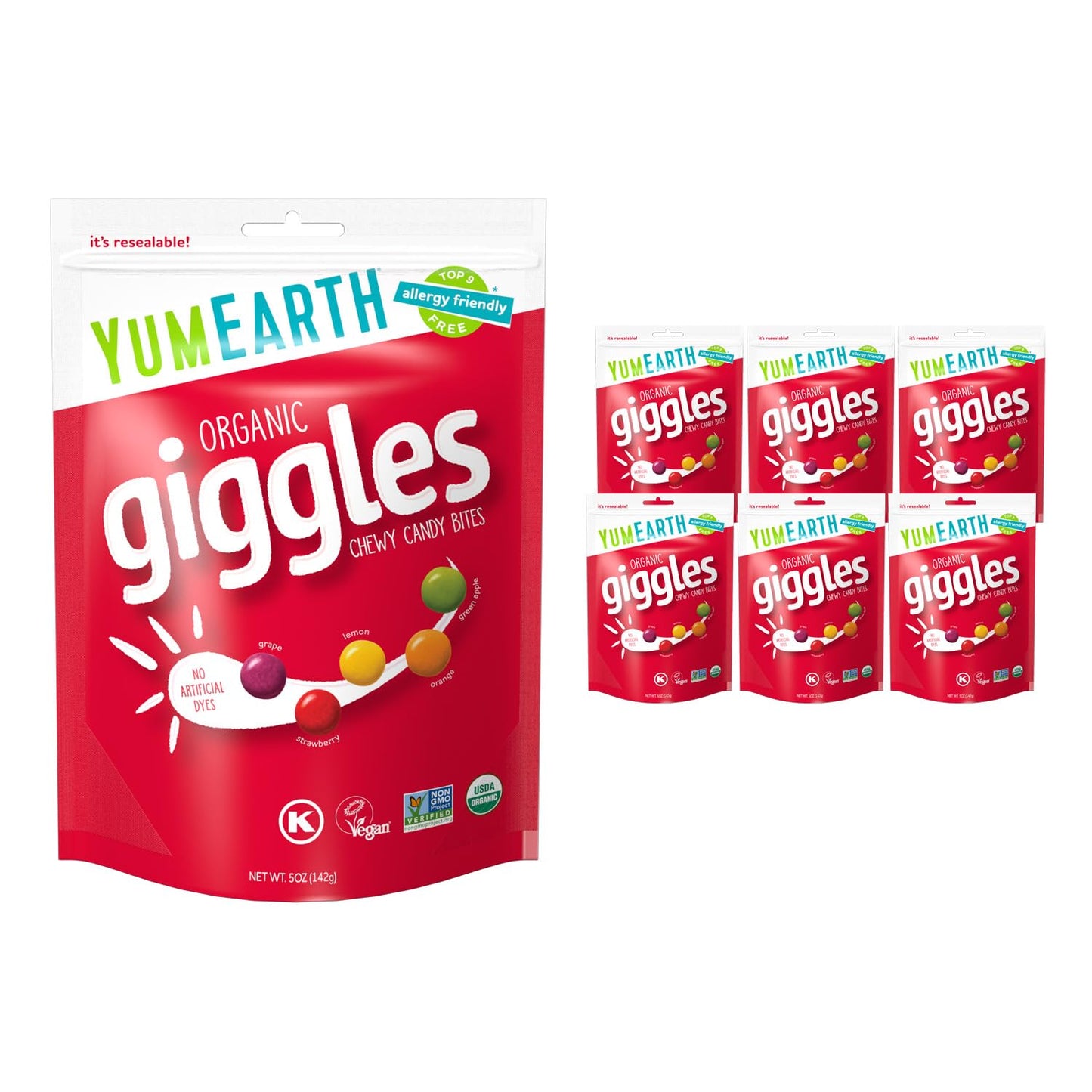 YumEarth Organic Giggles Chewy Candy - Allergy Friendly (Top 9 Free), No Artificial Dyes, Non GMO, Gluten Free, Vegan Candy Snac