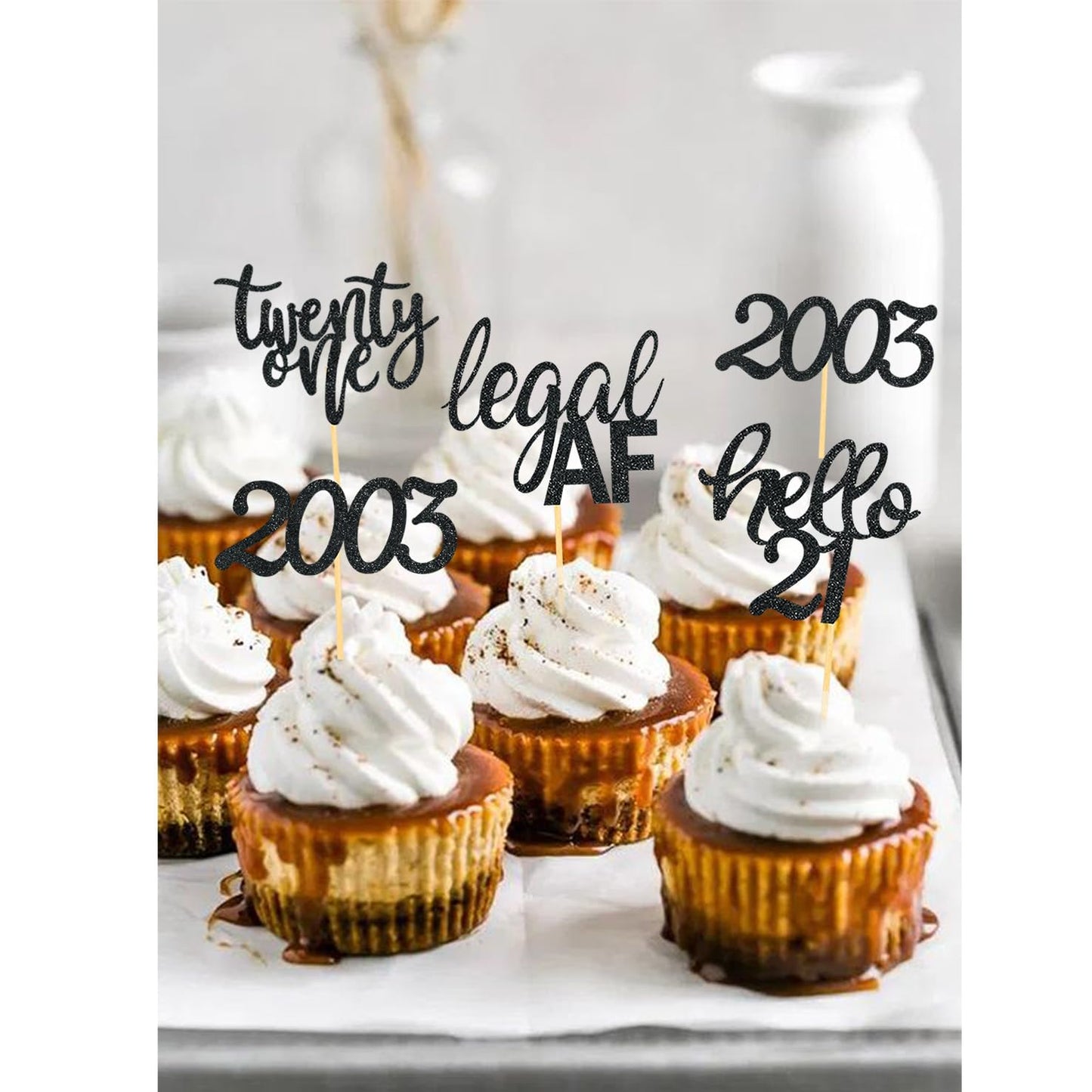 24 Pack Glitter 21St Birthday Cupcake Toppers For Celebrating Twenty-One Years Old Birthday Party Decorations (Black Glitter)