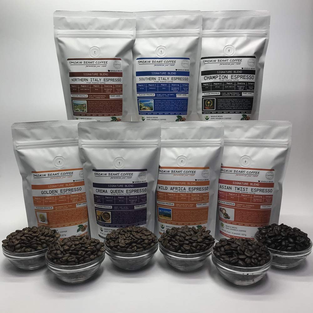 Smokin Beans 7 Bean Espresso Box, 7-Bags, 8-Ounce Each, Signature Blends, Various Roasts, Premium Whole Bean Coffee