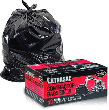 Ultrasac Heavy Duty Contractor Bags (Value 50 Pack/W Ties), 42 Gallon, 32.75'' X 47'' - 3 Mil Thick Large Black Industrial Garba
