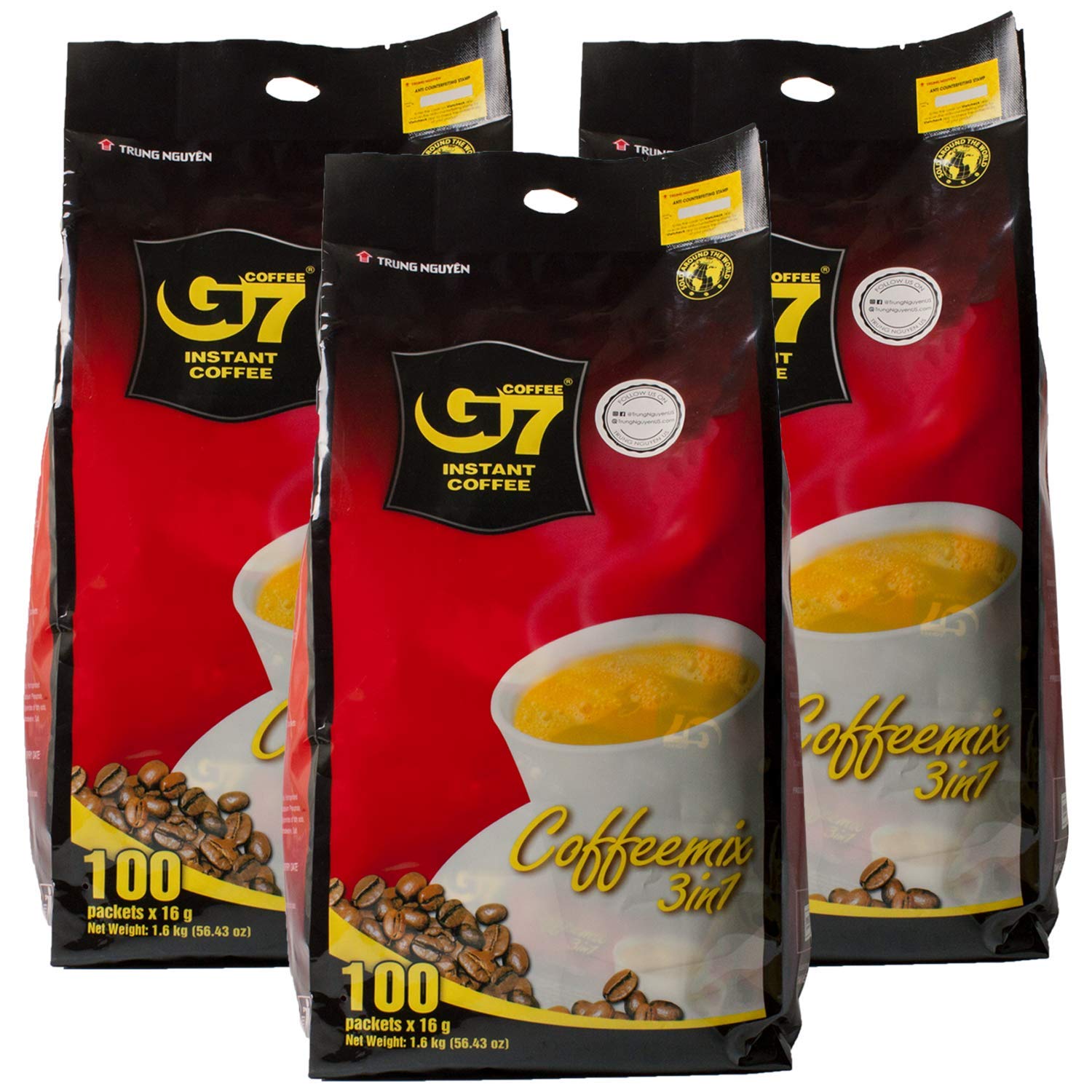 Trung Nguyen — G7 3 In 1 Instant Coffee — Roasted Ground Coffee Blend W/Non-Dairy Creamer And Sugar — Strong And Bold — Instant Vietnamese Coffee | 100 Packets (3 Bags In A Pack)