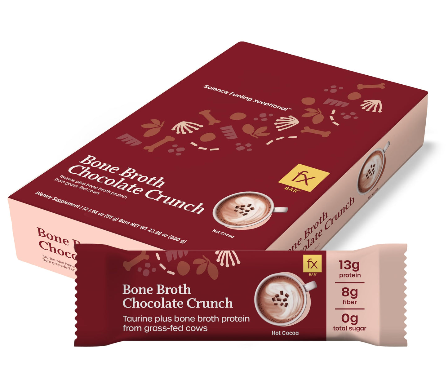 FX CHOCOLATE Fx Bone Broth Protein Bar, 13g Protein, 0g Sugar, Chocolate Crunch Flavor, 12 Count, Brown