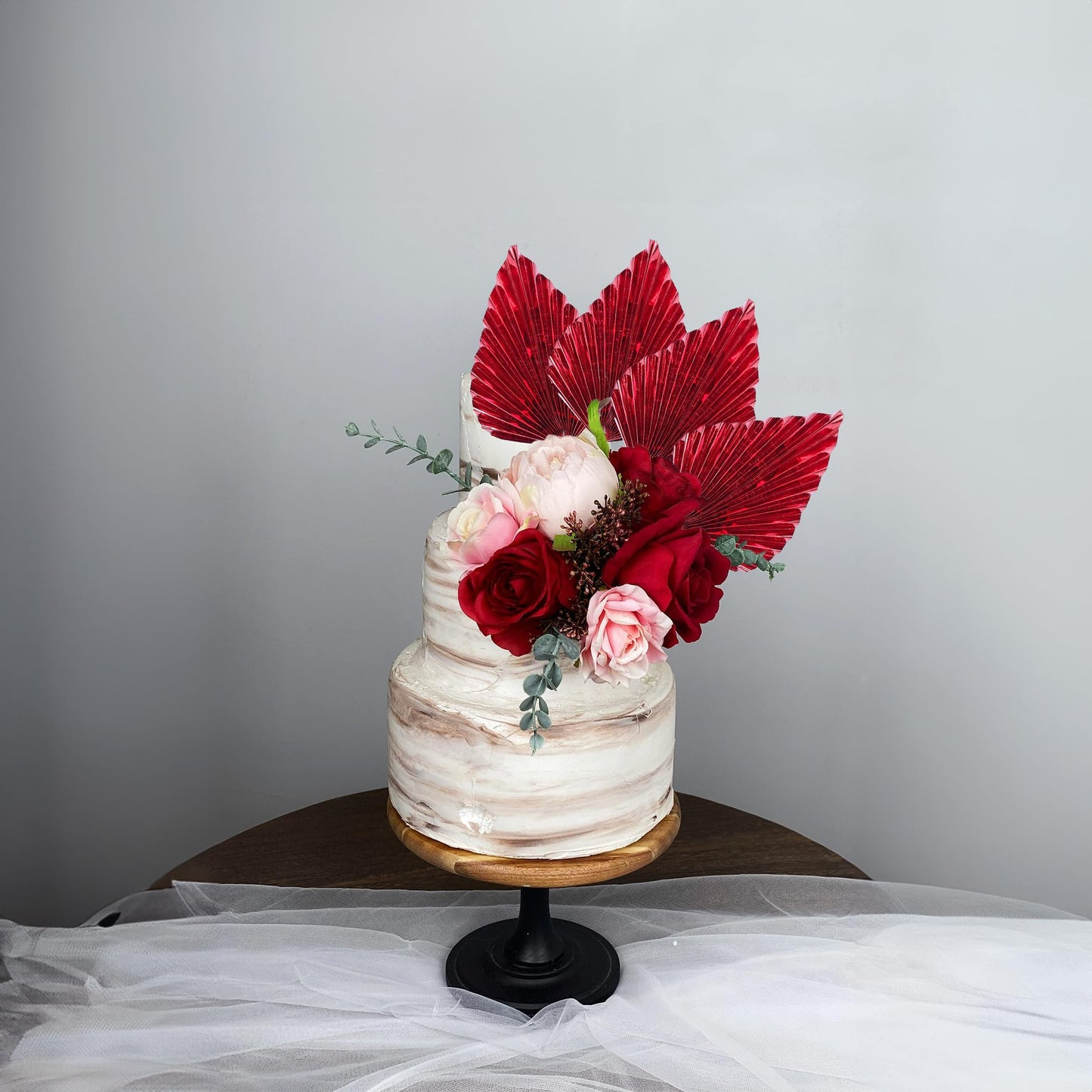 Gyufise Paper Palm Fan Cake Toppers, Light Red, 4.7x5.1 inches, Model ZN0680-16, Ideal for Birthday and Wedding Party Decorations