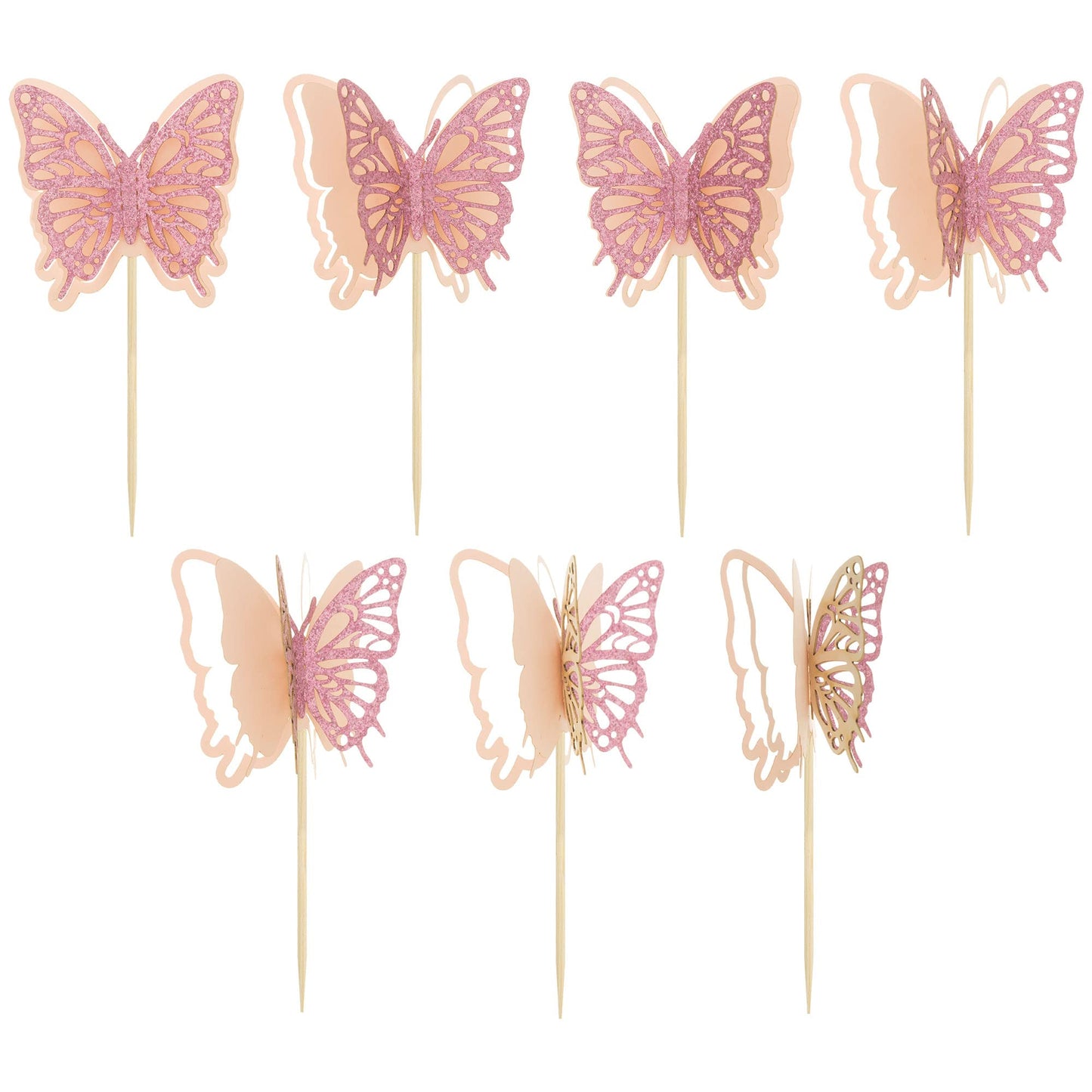 Gyufise 24 Pack Pink Glitter Butterfly Cupcake Toppers 3D Double Layer Pink Butterfly Cake Toppers Butterfly Theme Party Decorat