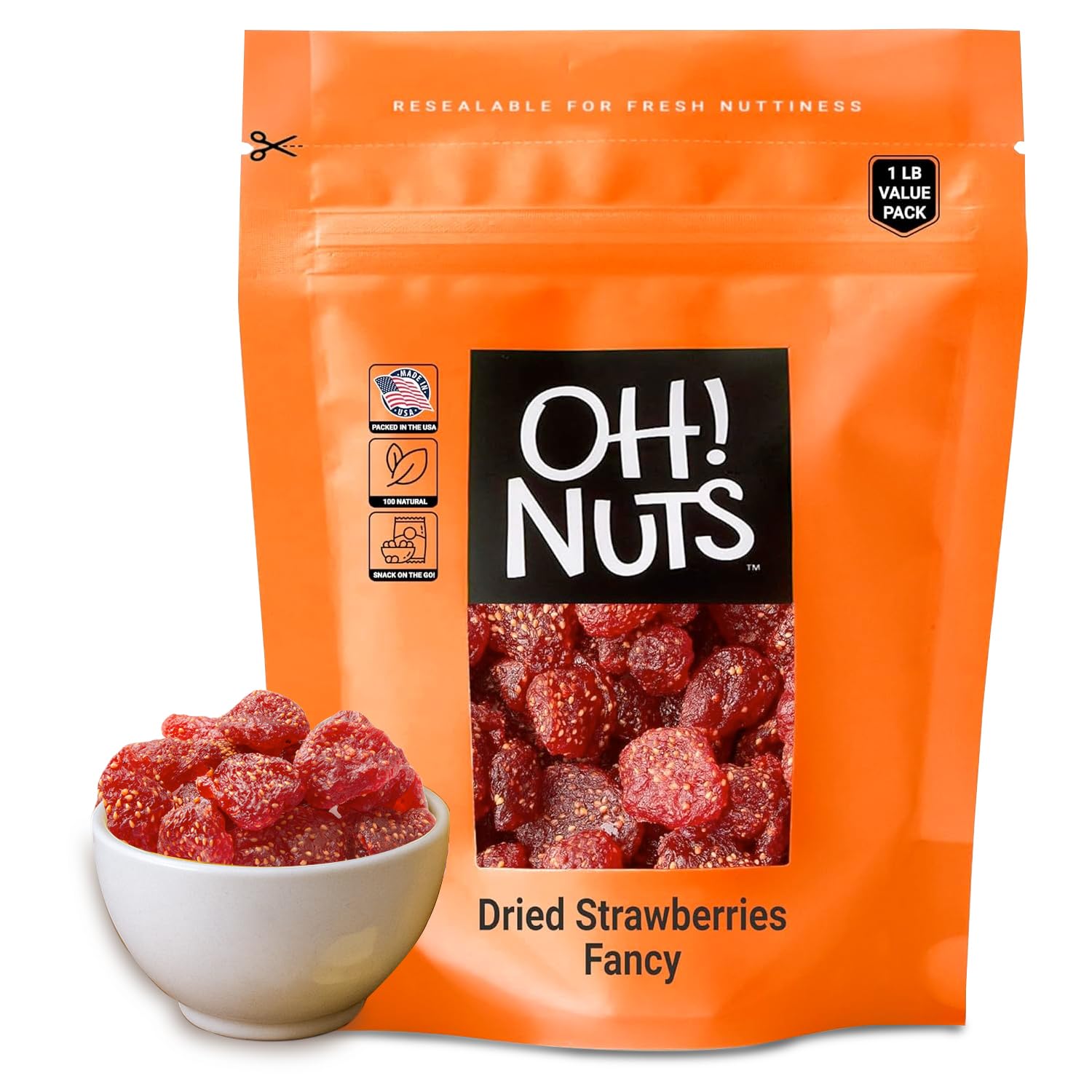 Oh! Nuts Dried Strawberries Fancy - 1 lb - Sweetened Dried Fruit - Dehydrated Fruit Bites - Packed in New York Zip-Seal Bag for 