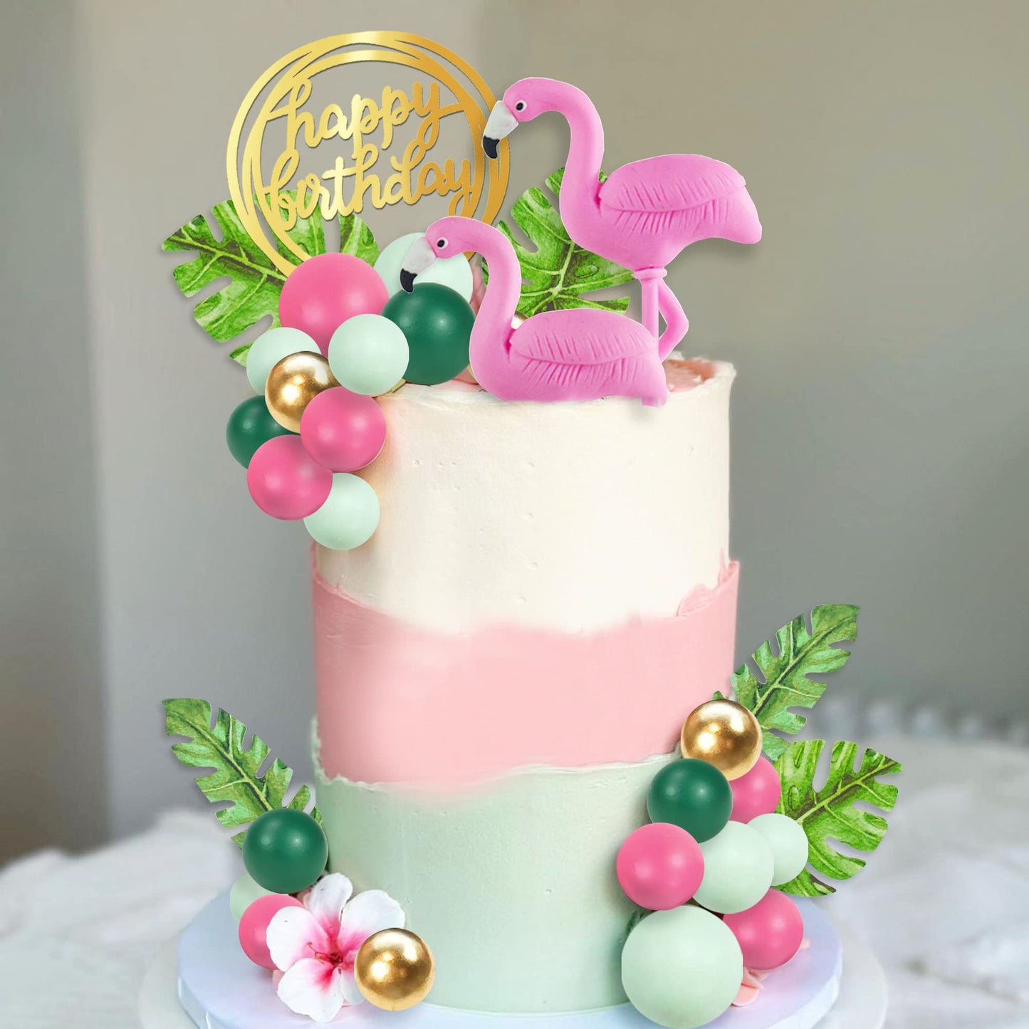 Flamingo Cake Toppers Summer Cake Decorations With Palm Leaf Cake Toppers Green Hot Pink Pearl Ball Cake Toppers For Tropical Ha