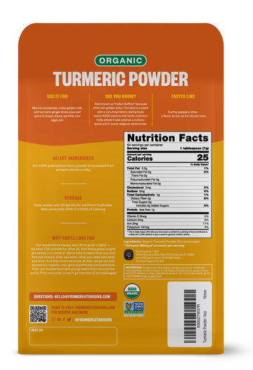 FGO Organic Turmeric Powder w/Curcumin, 1 Pound / 16oz Bulk Resealable Pouch, USDA Organic and Non-GMO, Sourced from India, Pack