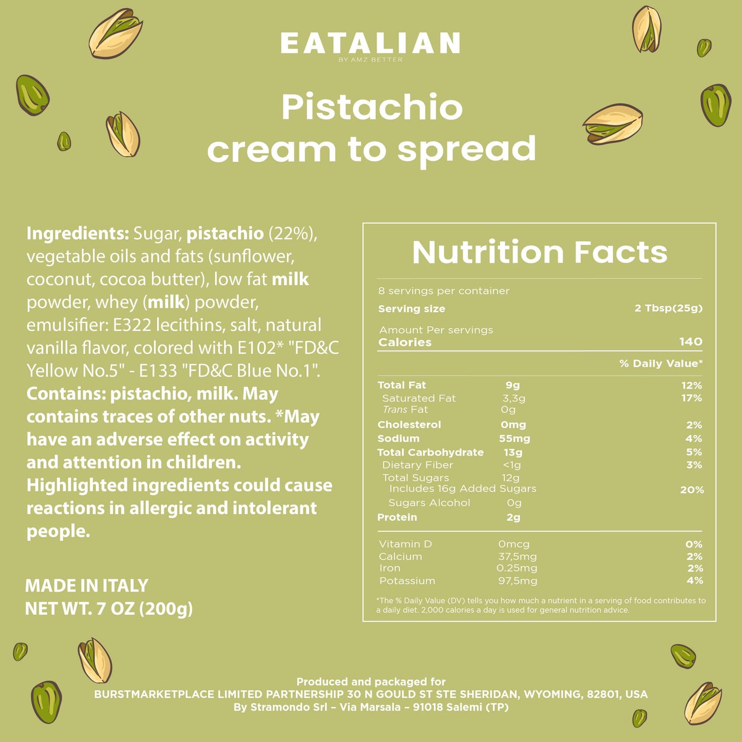 EATALIAN by AMZ BETTER Pistachio Cream, 35,27oz/1000 g, Delicious Spreadable with a Sweet and Unique Taste, Ideal on Bread and w