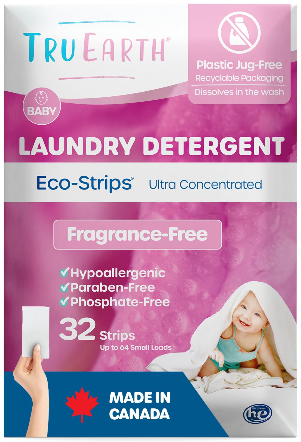 Tru Earth Hypoallergenic Baby Laundry Detergent Sheets/Eco-Strips for Sensitive Skin, 32 Count, Up to 64 Loads: Fragrance Free D