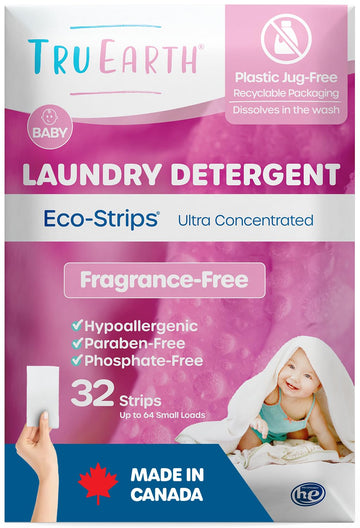 Tru Earth Hypoallergenic Baby Laundry Detergent Sheets/Eco-Strips for Sensitive Skin, 32 Count, Up to 64 Loads: Fragrance Free D