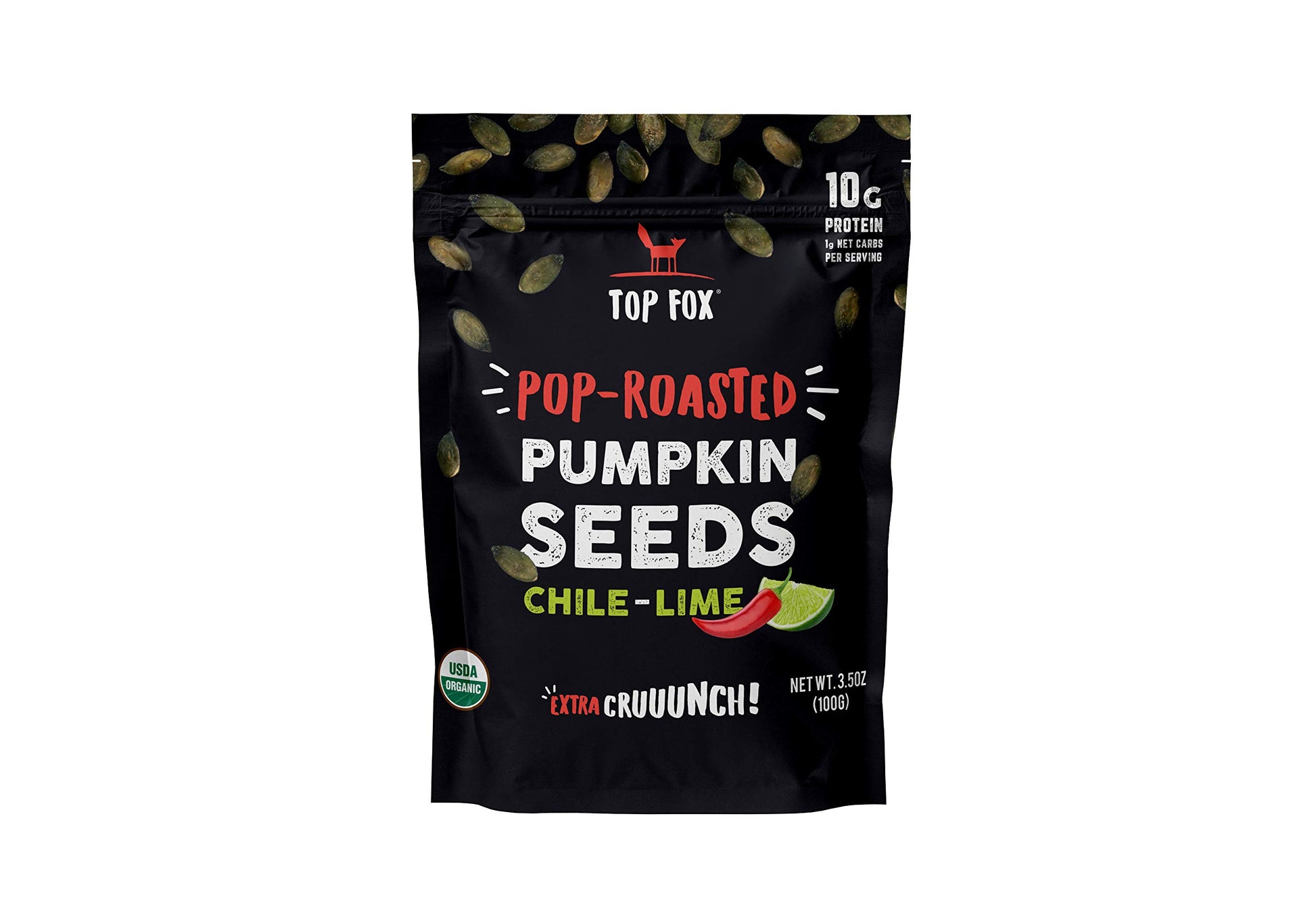 Top Fox Snacks - Organic Pop-Roasted Pumpkin Seeds | Healthy Protein Snacks - Gluten Free - Keto And Vegan Friendly (Chile Lime, 3.5 Oz - 6 Pack)