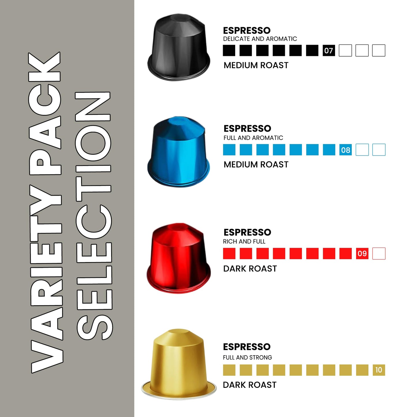 Prince Caffe Espresso Pods Variety Pack Compatible with Nespresso Original Line Machines - Espresso  Ristretto  Millennium & enhanced - Intensity7  8  9  10  40 Count (4 x 10 Capsules)