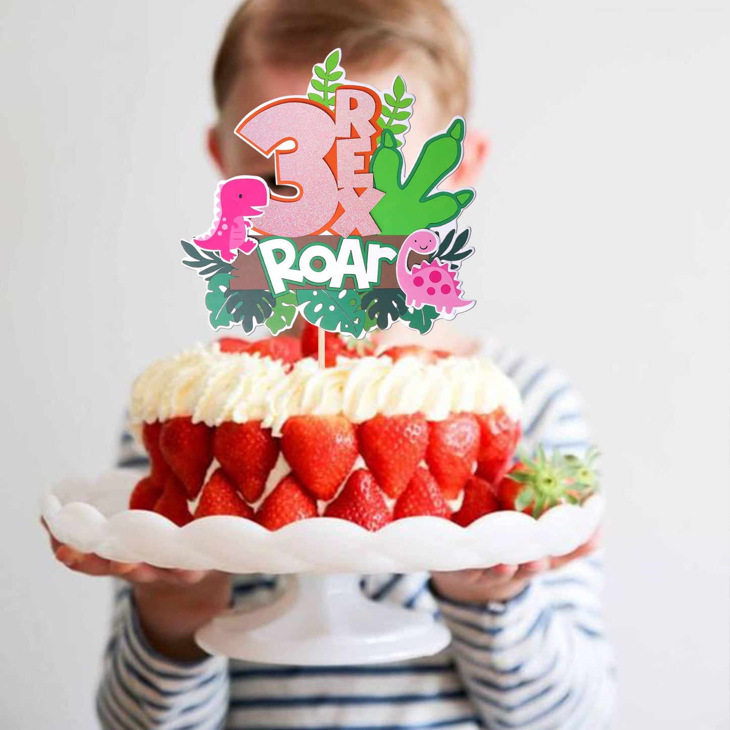 Rssta i Dinosaur 3rd Birthday Cake Topper, Pink, W 6 x H 8, Model XM107-Pink 3, Paper Decoration for Dino Theme Party