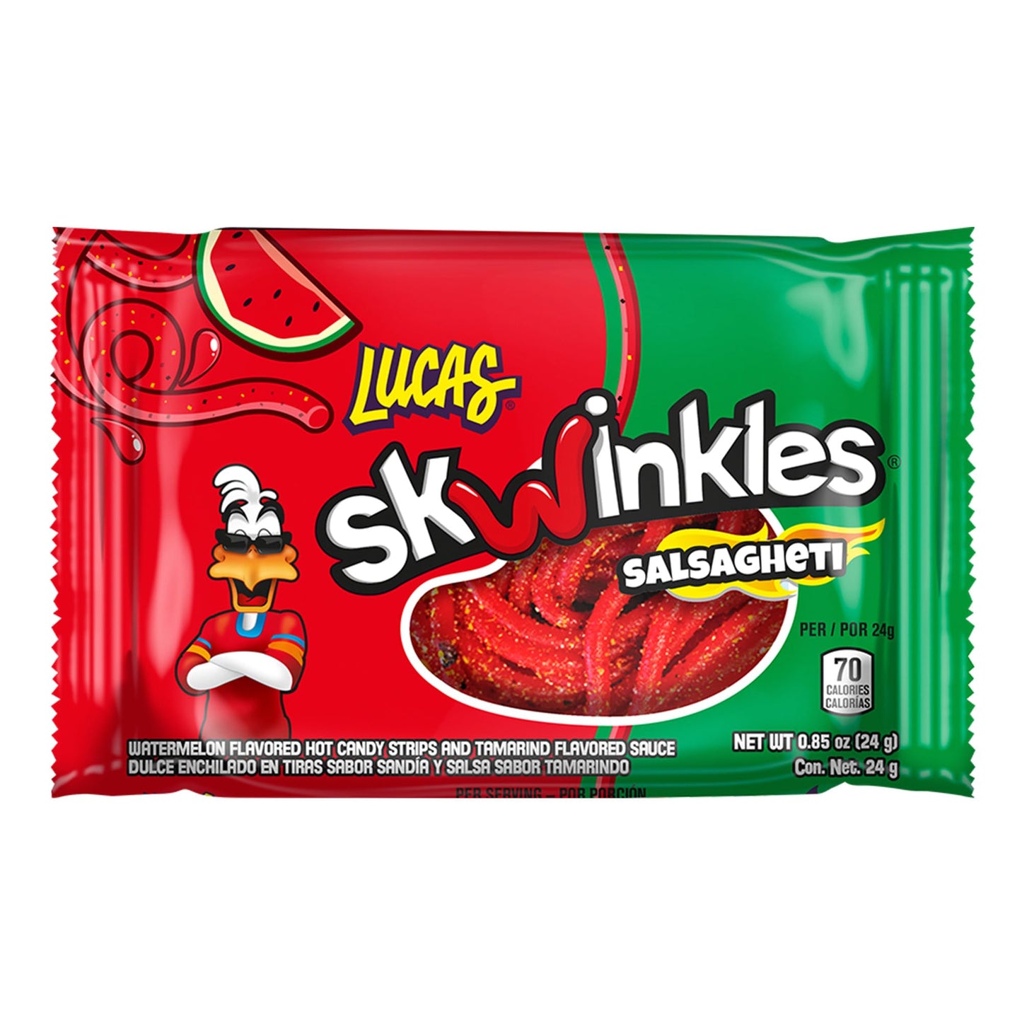 Lucas Salsagheti Watermelon Flavored Hot Candy Strips And Tamarind Sauce, 0.84 Oz - 12 Pieces Pack For Treats, Snack, Parties, P