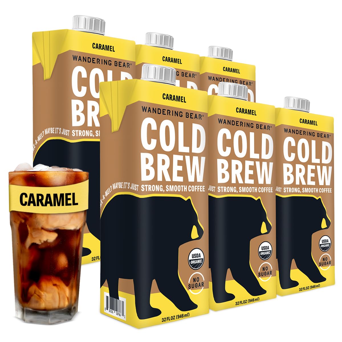 Wandering Bear Organic Caramel Cold Brew Coffee  32 fl oz  6 pack - Extra Strong  Bold  Smooth  Unsweetened  Shelf-Stable  Ready to Drink  Gluten Free  & Vegan  Iced Cold Brewed Coffee Drinks