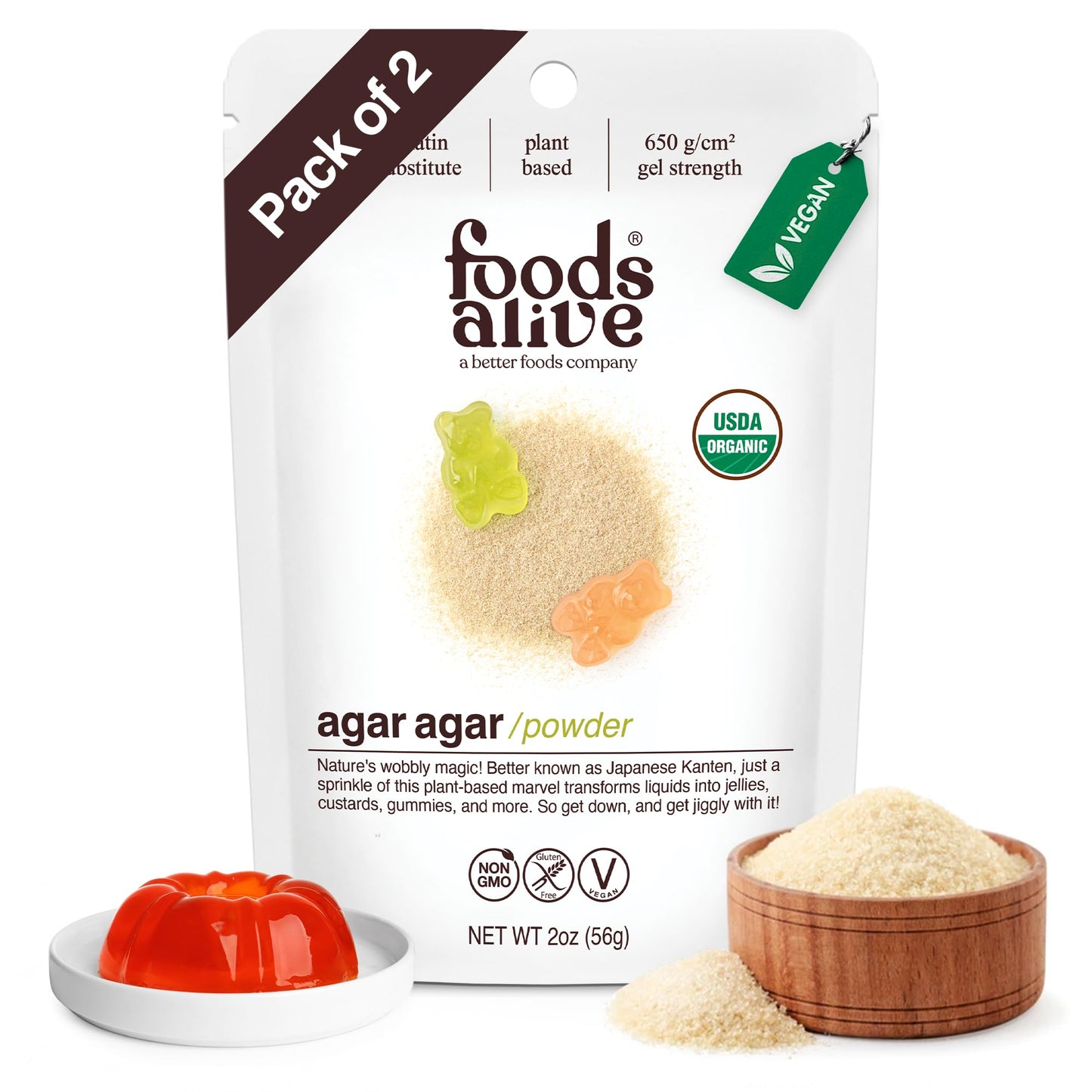 Foods Alive Organic Agar Agar Powder | 2 oz | Plant Based Gelatin | Kosher Gelatin | Vegan | Gluten Free (2-Pack)