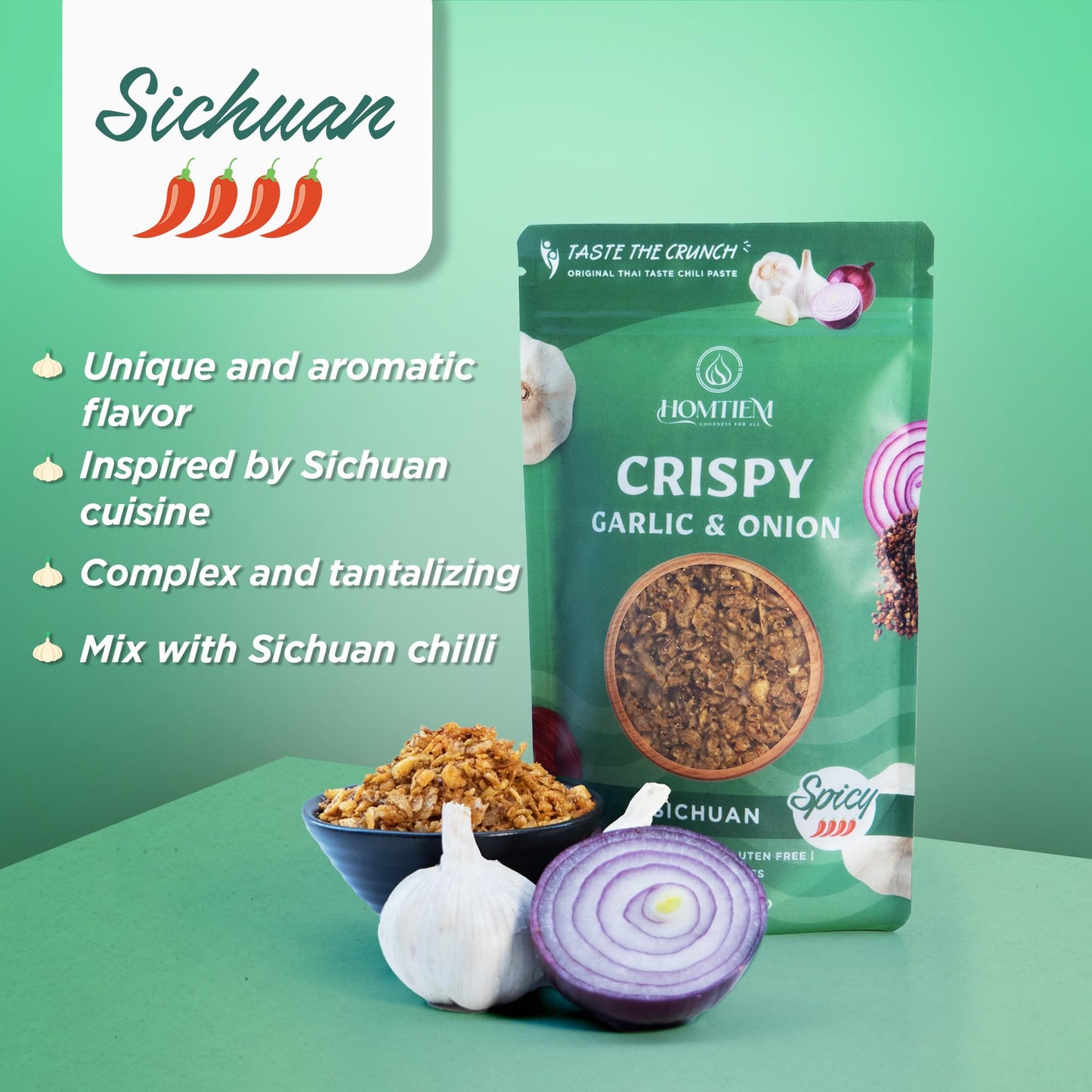 Homtiem Crispy Garlic & Onion : Sichuan 3.5 Oz., Versatile Seasoning, All-Natural, Non-Gmo, Vegan & Gluten-Free, Ready-To-Use, K