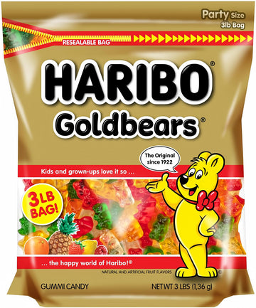 Haribo Gummi Candy, Original Goldbears Gummy Bears, 3 Pound Resealable Party Size Bag, Delicious Soft & Chewy Sweet Snacks, Assorted Fruity Flavors
