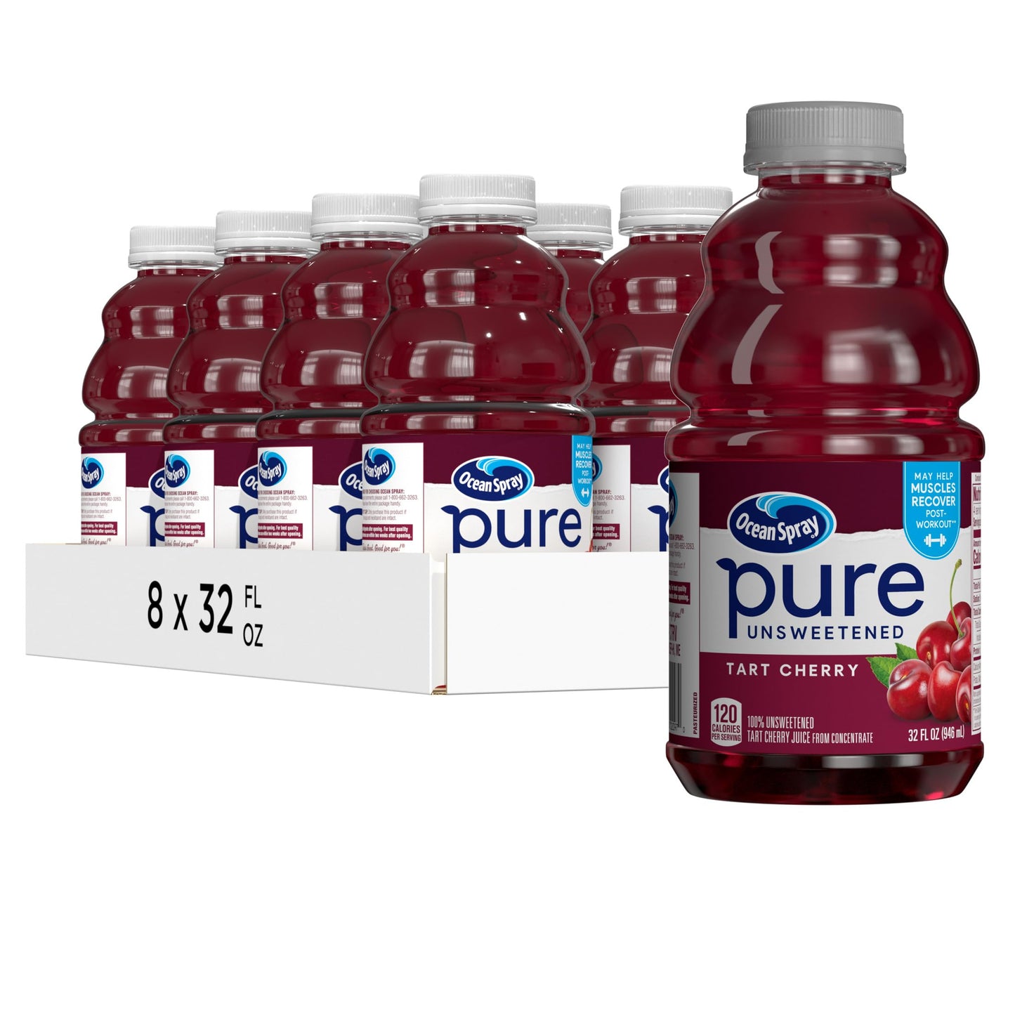 Ocean Spray Pure Unsweetened Tart Cherry Juice, 100% Juice, 32 Fl Oz Bottle, Pack of 8