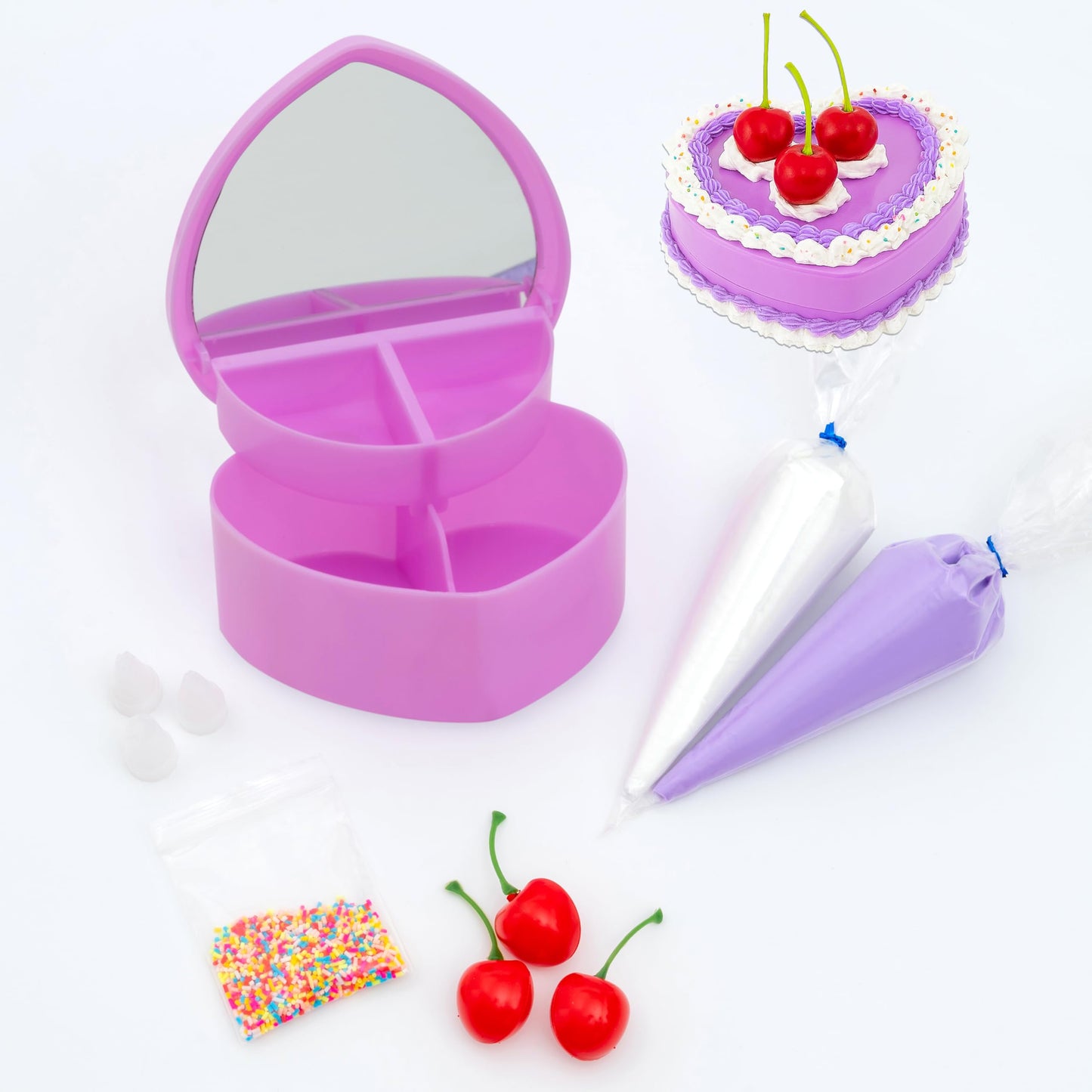 Decoden Inspired Design Cake Kit  Decorate A Heart Shaped Inspired Design Cake Jewelry Box Cream  Inspired Design Whipped Cream Glue  Cherries  Sprinkles & Craft Supplies  Inspired Design Cake Decor (Purple)