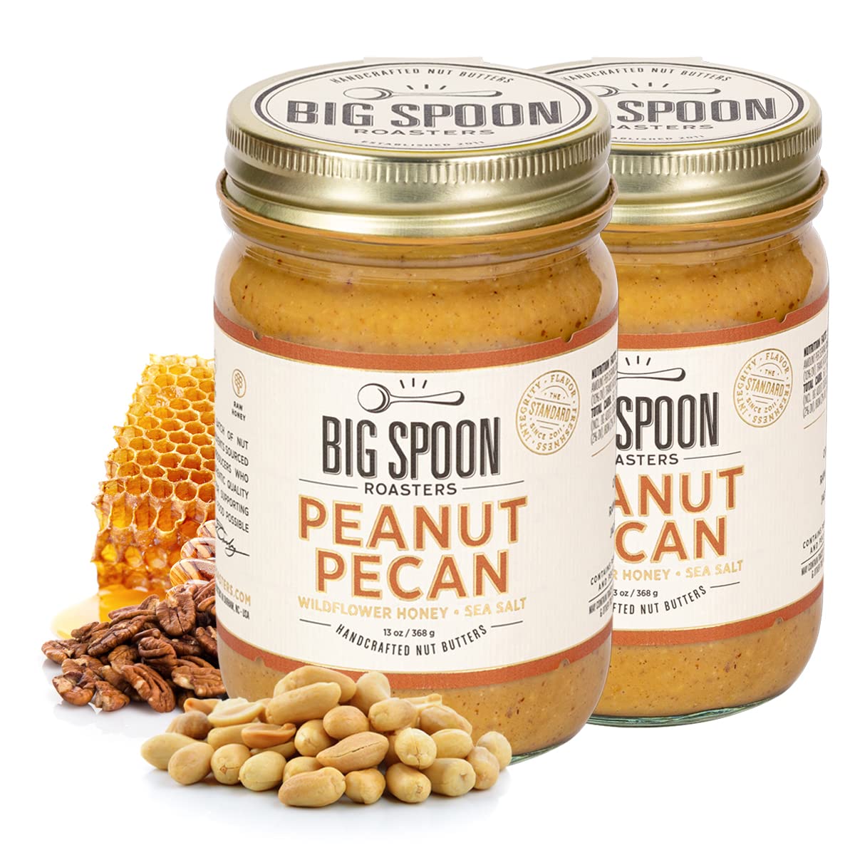 Big Spoon Roasters Peanut Pecan Butter with Honey & Sea Salt, 2 x 13 Ounces, Low Sugar, Creamy, Palm Free, Keto Friendly