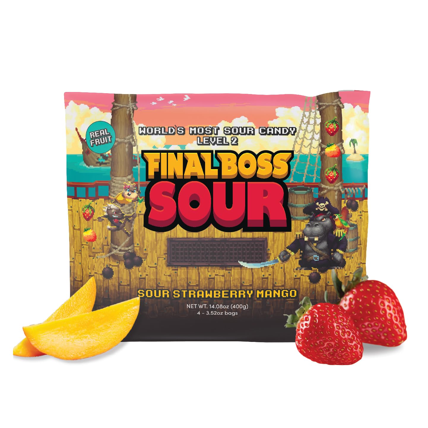 Final Boss Sour, Extremely Super Sour Gummy Candy, Strawberry And Mango, Lvl 2 (3.52 Ounce Bag, 1 Bag) - Gummies Made With Dried
