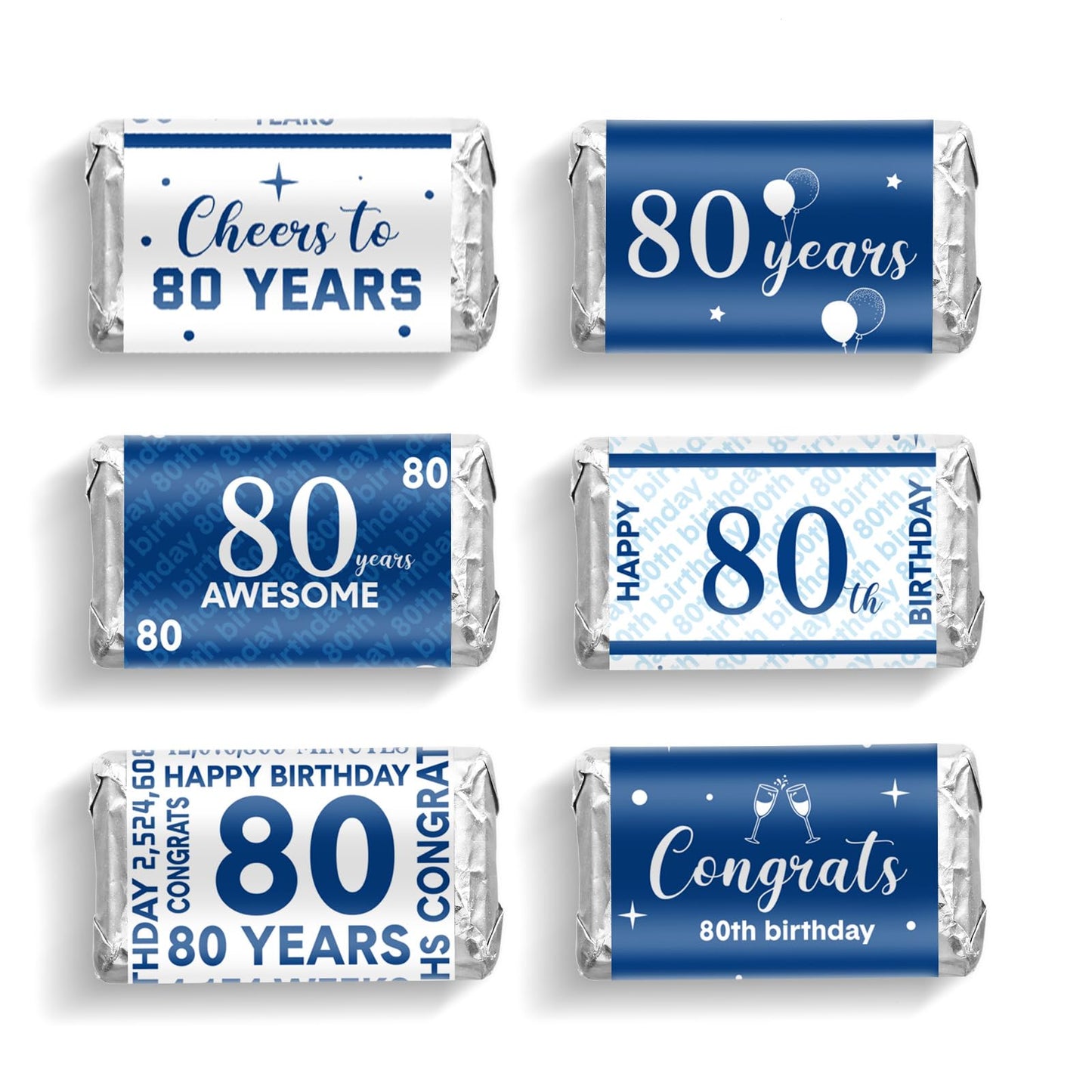 Tenare 90 Pcs 80th Birthday Party Candy Wrappers Blue and Silver Stickers, Mini Chocolate Bar Labels for 80 Years Birthday Decor