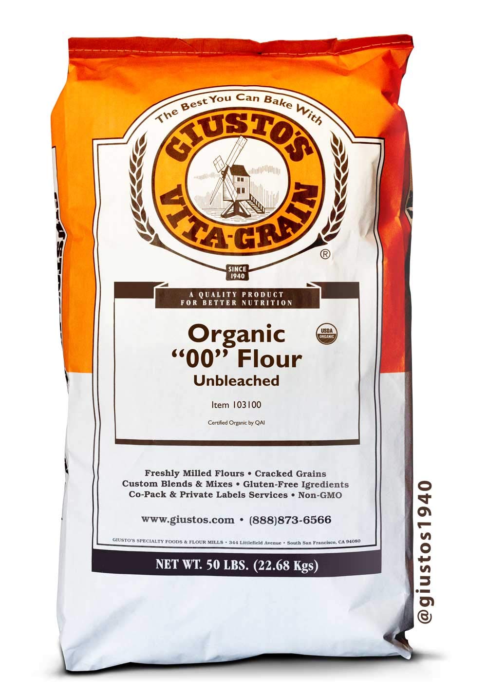 Giusto'S Vita-Grain Organic ''00'' Unbleached Pizza Flour, 50Lb Bag