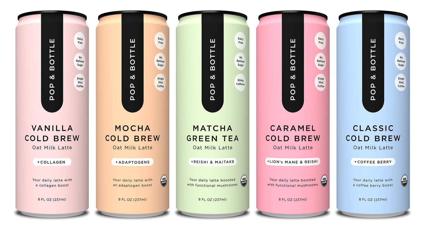 Pop & Bottle, Oat Milk Lattes - Maca, Antioxidants, Ashwagandha, Mct Oil, Collagen, Mushrooms, Organic, Dairy & Gluten Free, Gre