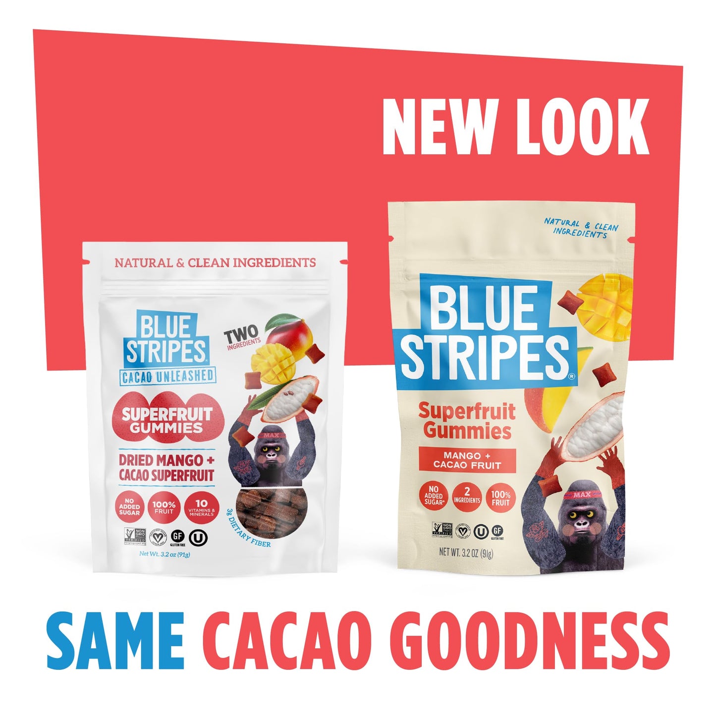 Blue Stripes Cacao Superfruit Gummies - Vegan Chewy Fruity Snack  No Sugar Added 100% Fruit Gummy  9 Essential Vitamins & Minerals  Natural Tropical Superfood - Mango & Cacao  3.2oz
